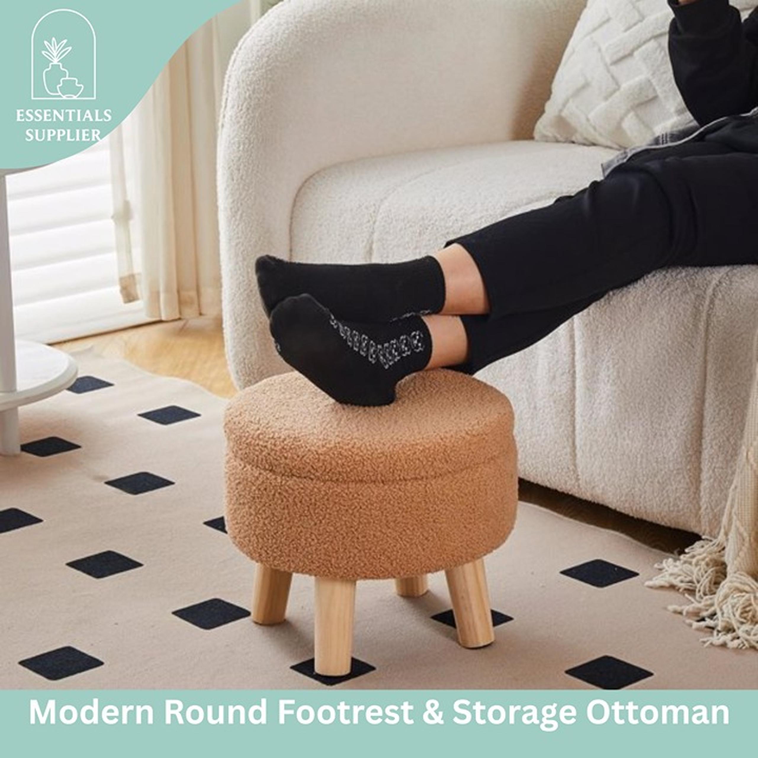 Round Storage Ottoman, Teddy Velvet Footrest with Wood Legs for Living Room
