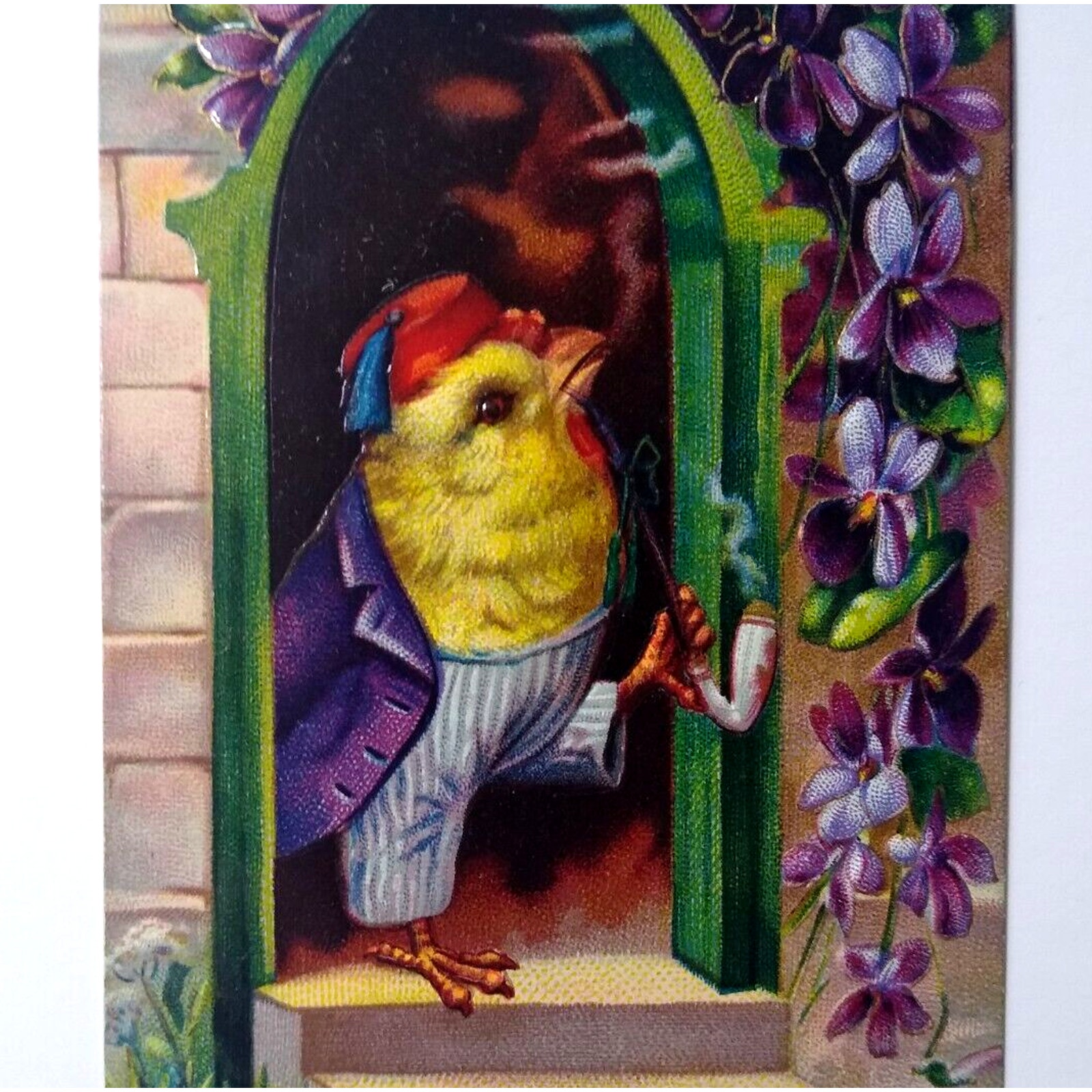 Easter Postcard Fantasy Dressed Baby Chick Fez Hat Smoking Pipe Gel Germany 1520