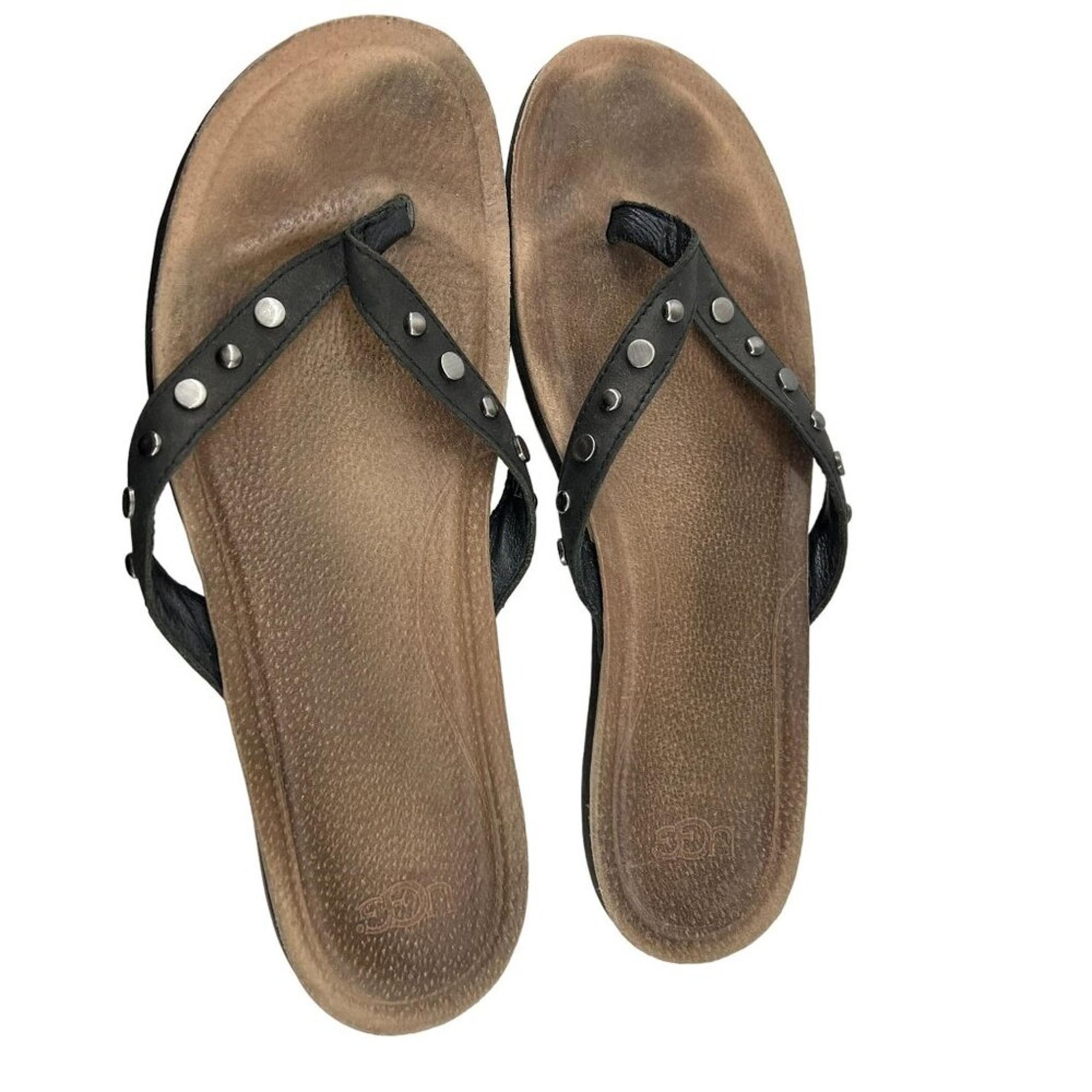 Ugg Lyndi Flip Flops Black Leather Sandal 1006357 Silver Stud Womens 10