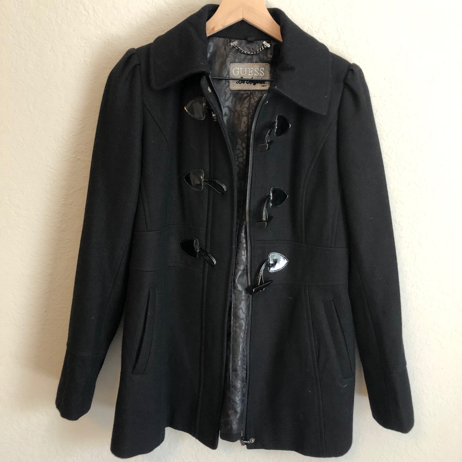 GUESS Black Duffle Zip Up Wool Blend Peacoat EUC M