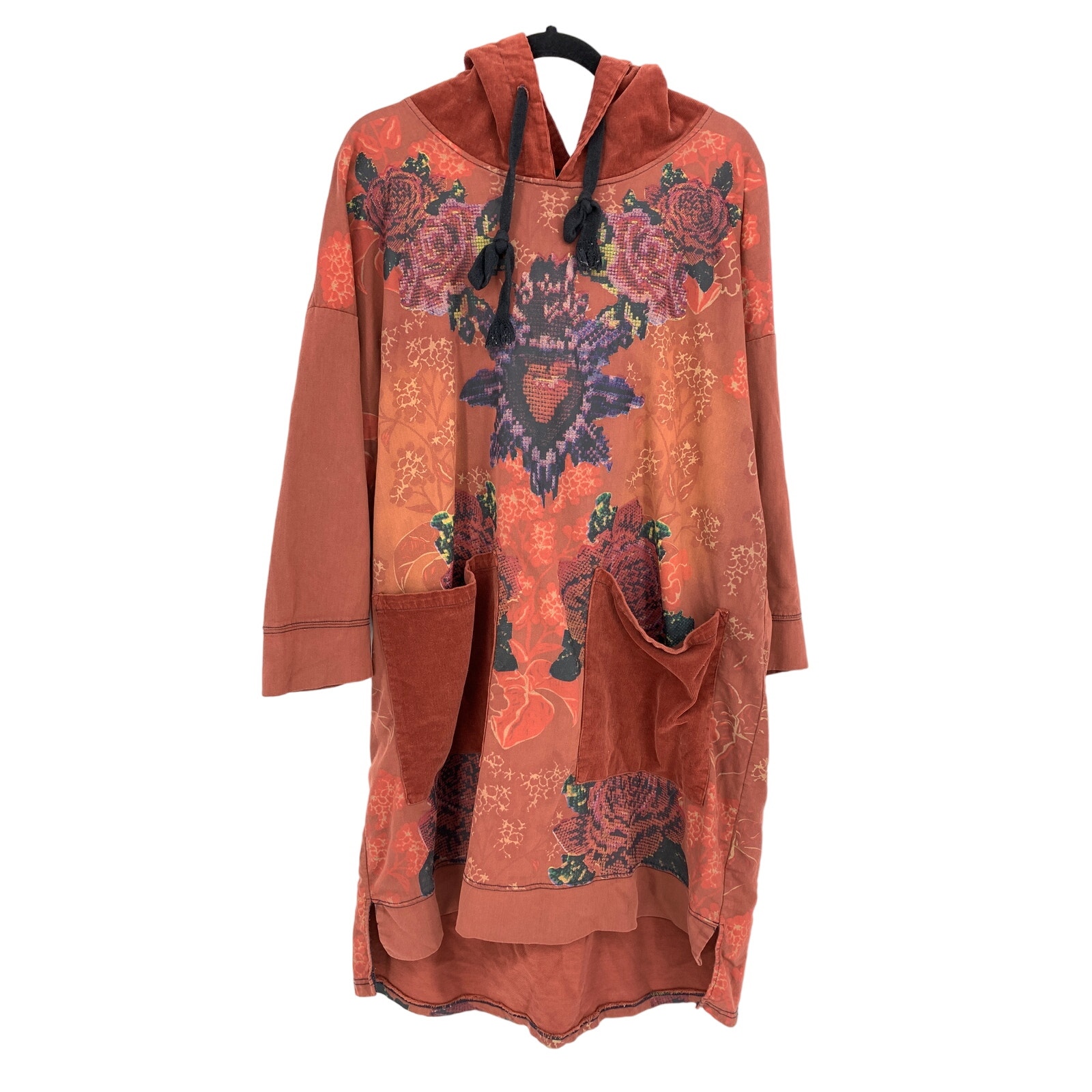 Monthorigin Tunic Top Womens O/S Hooded Needlepoint Floral Print Made In Japan