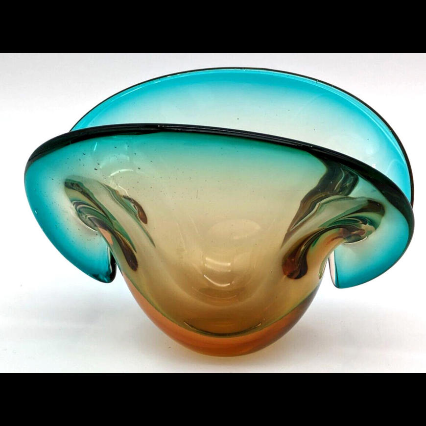 Thick Hand Blown Amber & Green Art Glass Clam Shell Vase Dual Base