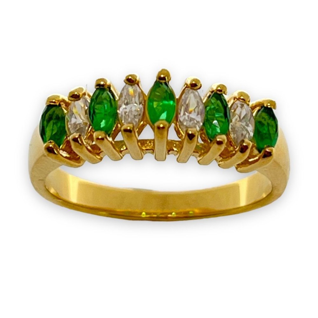 Vintage Ring Size 7 Emerald Green and Clear Cubic Zirconia Band 1M