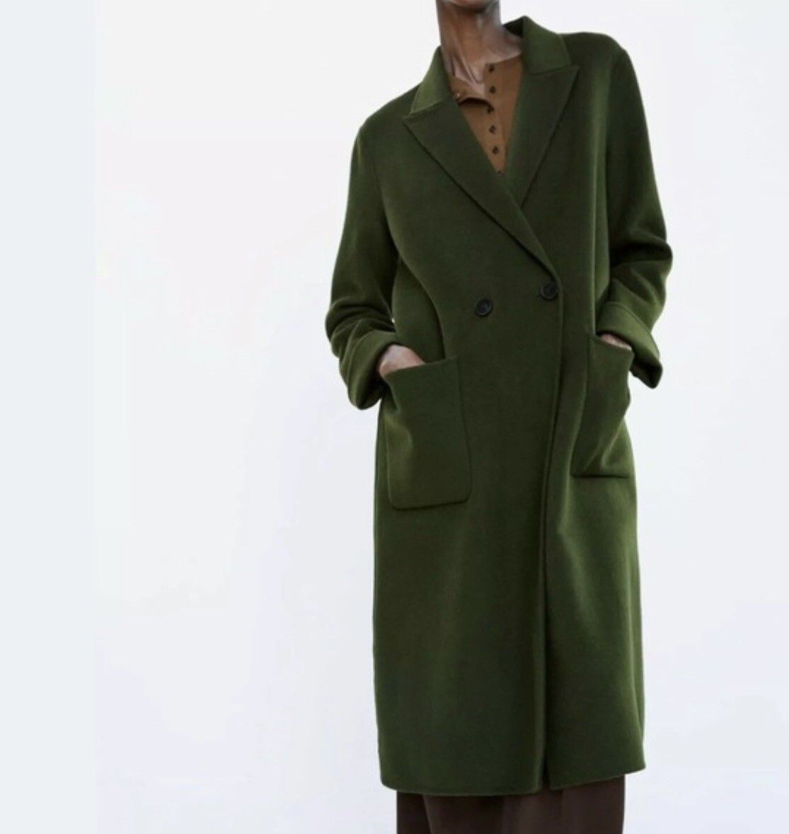 Women’s Zara Longline Double Breasted Menswear Coat Overcoat Green Size Large