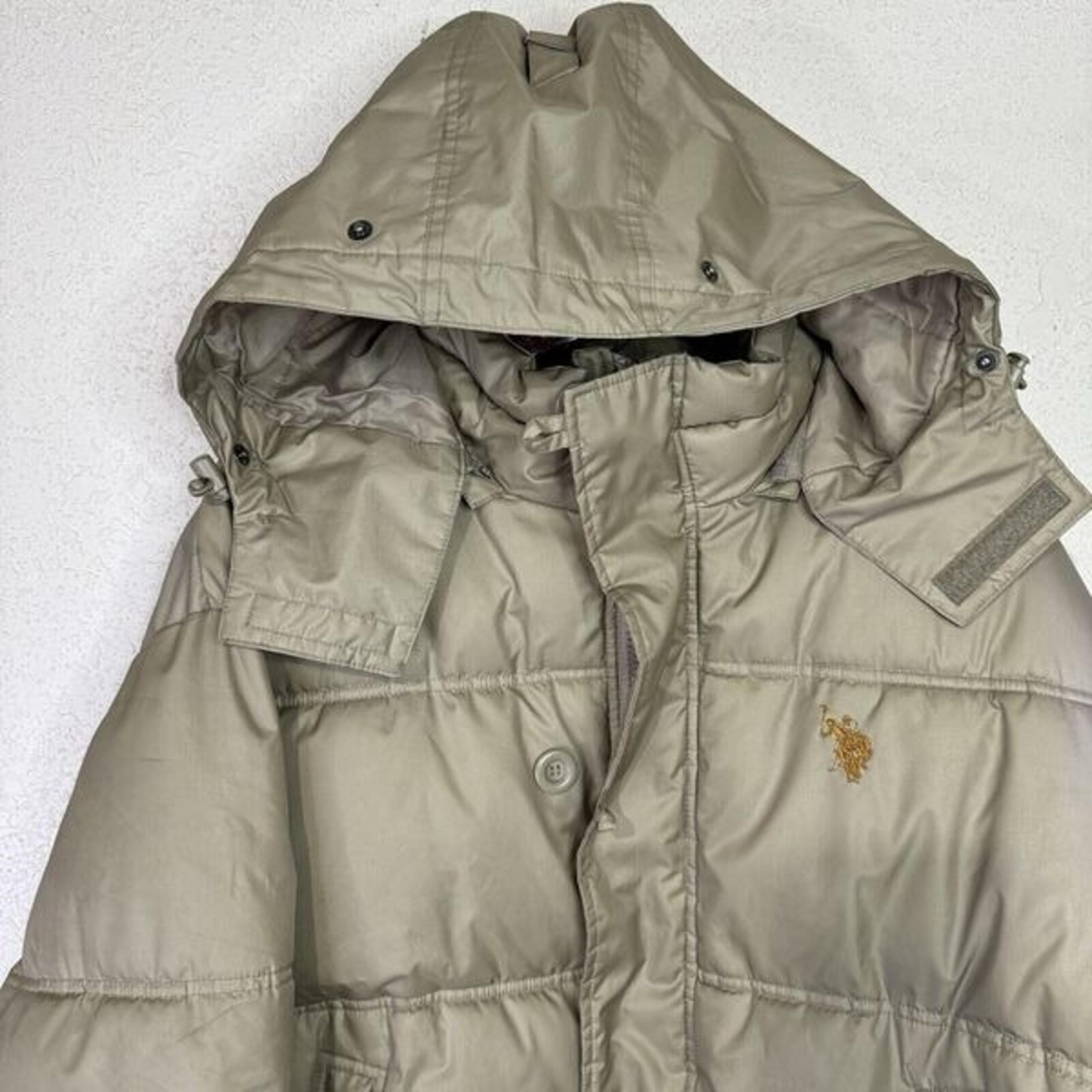 Vintage US Polo Assn Heavy Puffer Jacket Mens Large Beige Zip Button Close -Hood