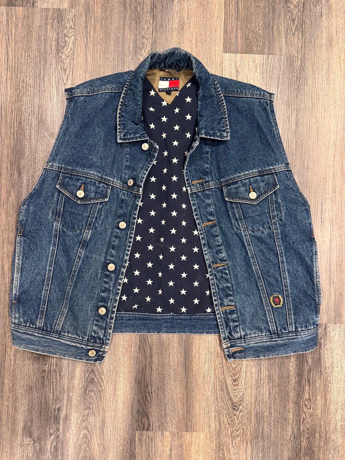 Vintage XL Tommy Hilfiger Denim Jean Vest Monogram Crest Star Lined 90s