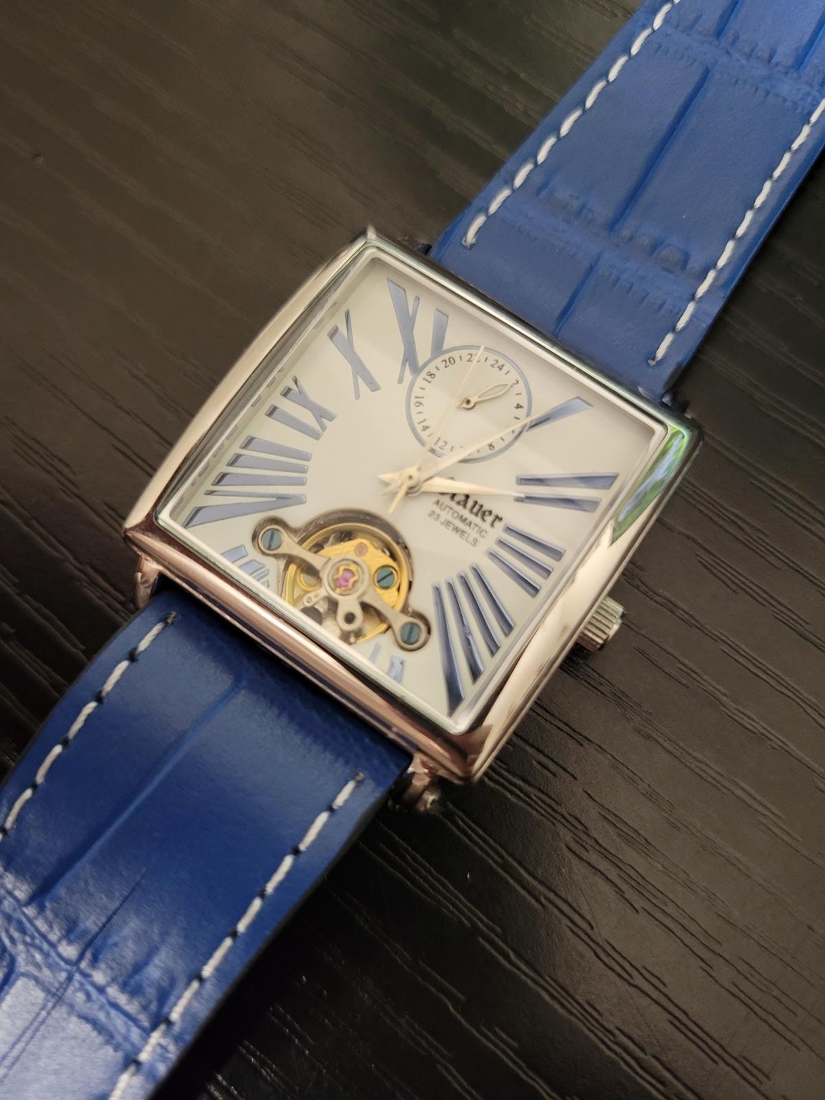 RARE Stauer STT028-BLU Automatic Open Heart Men's Leather Tank Watch