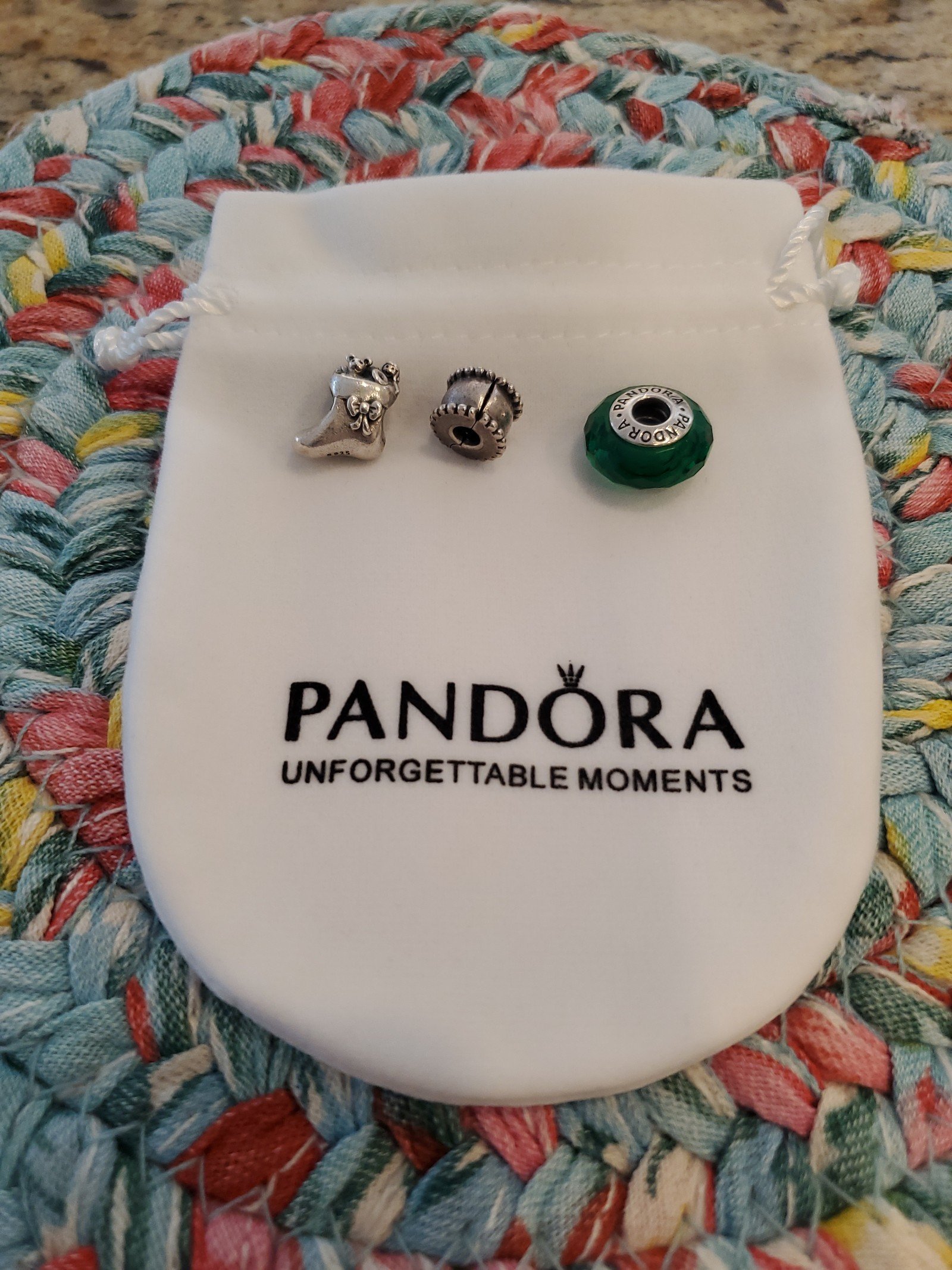 Pandora Christmas Lot of 3 Charms, Santa's Stocking, Faceted Murano, Clip Charm