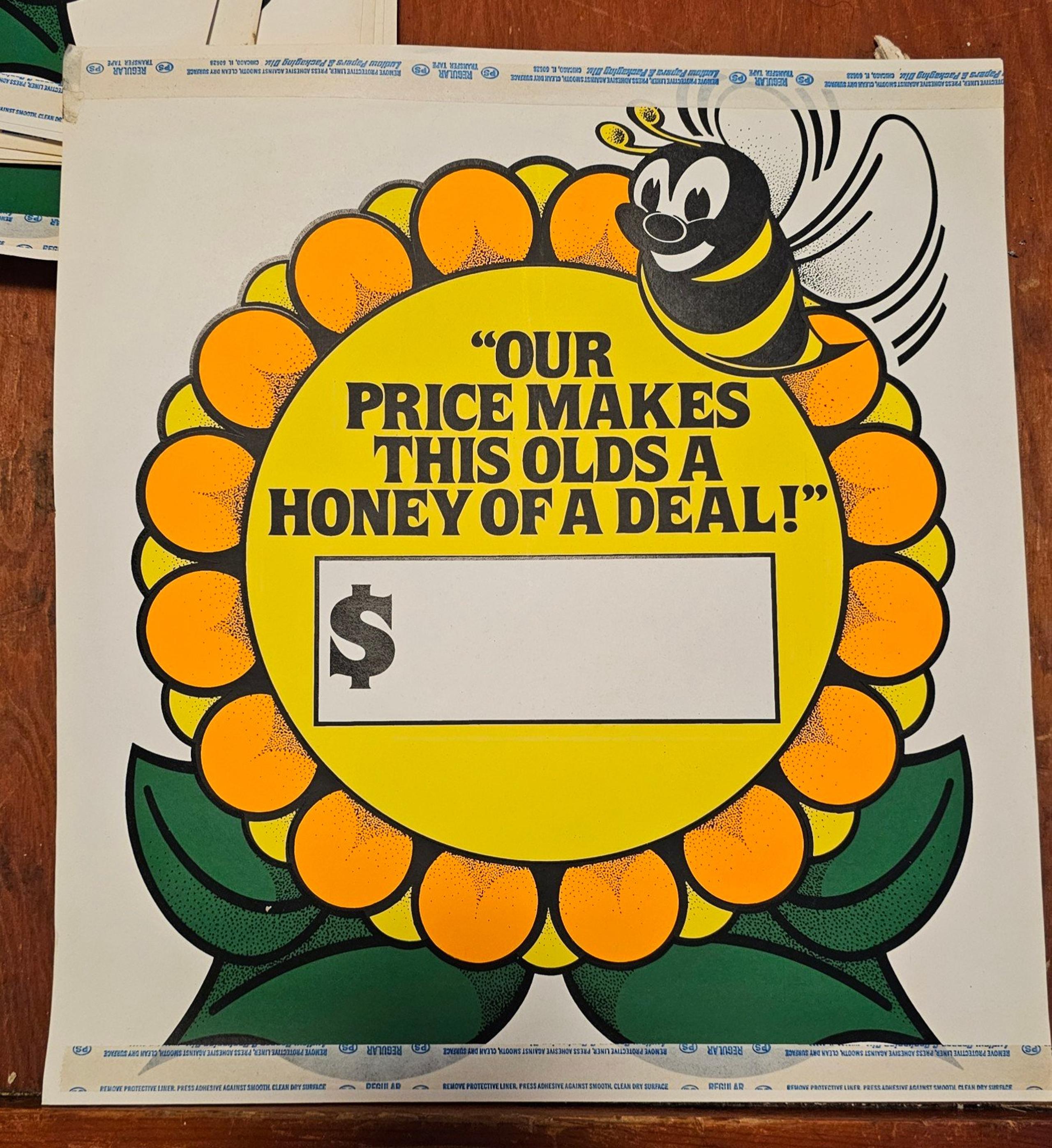 Oldsmobile Dealership Sales Sign. 
 NOS (new old stock)
1970s Era.