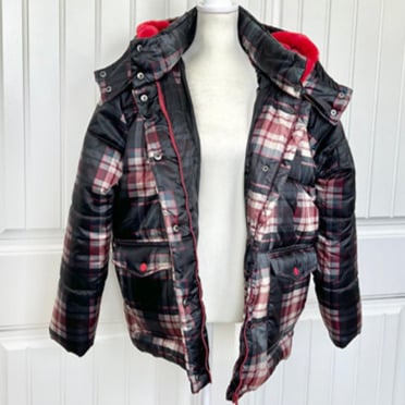 Urban Republic Women's Black & Red Plaid Faux Fur-Lined Hooded Puffer Jacket- Lg