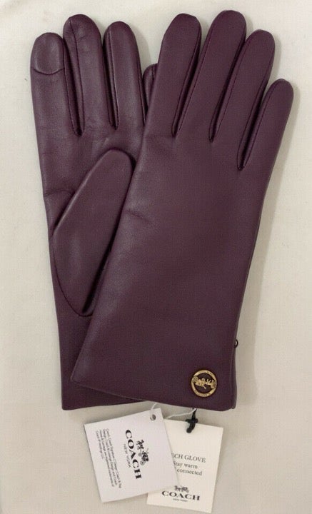 COACH Horse Carriage Logo Women Winter Leather Tech Gloves Wool Lining Size 7