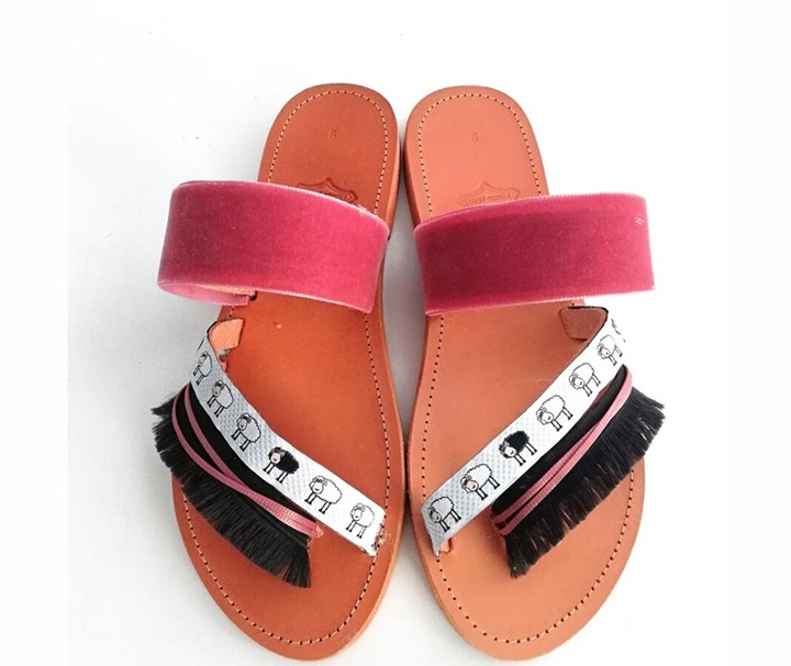Flat Sandal leather Handmade Decorative sandals black sheep strap and pink velve