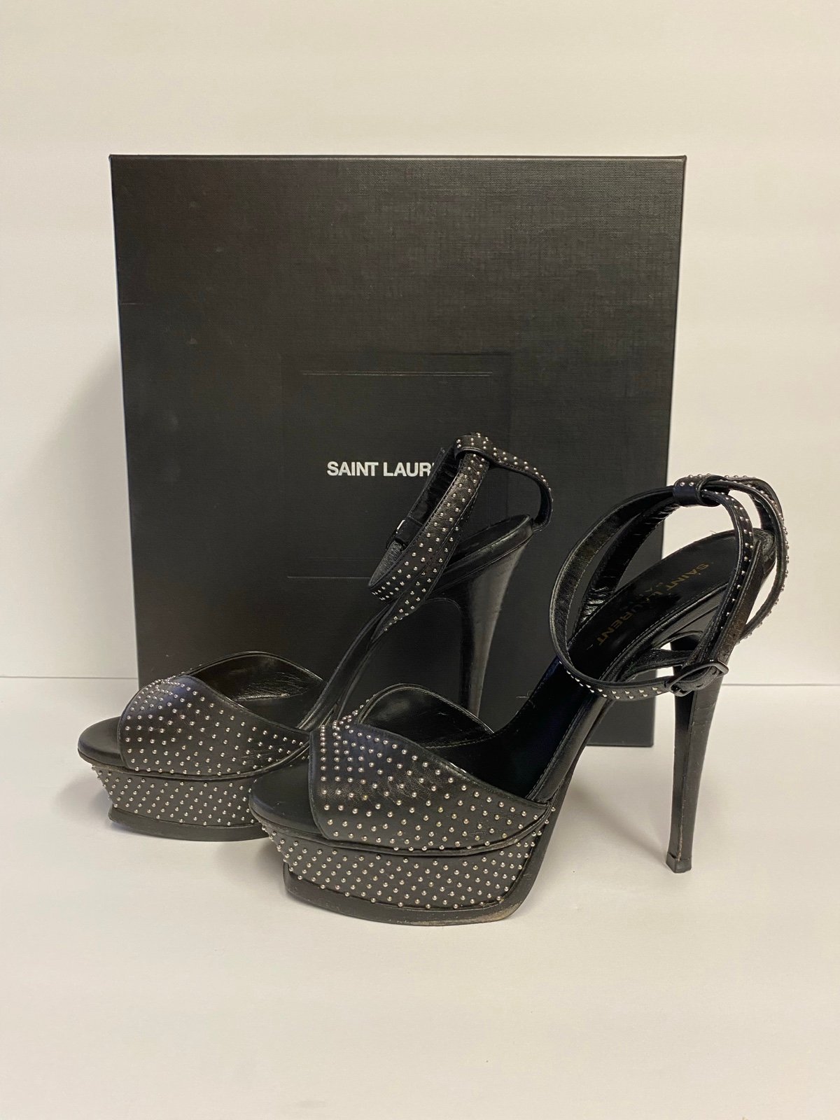 YSL Saint Laurent ankle strap studded sandals heels leather black 37.5