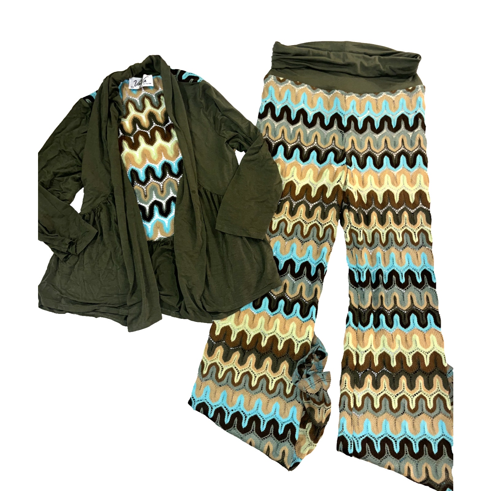 VaVa by Joy Han: Women's 70s Style Crochet Knit 2 Piece Pantsuit Green Aqua XS S