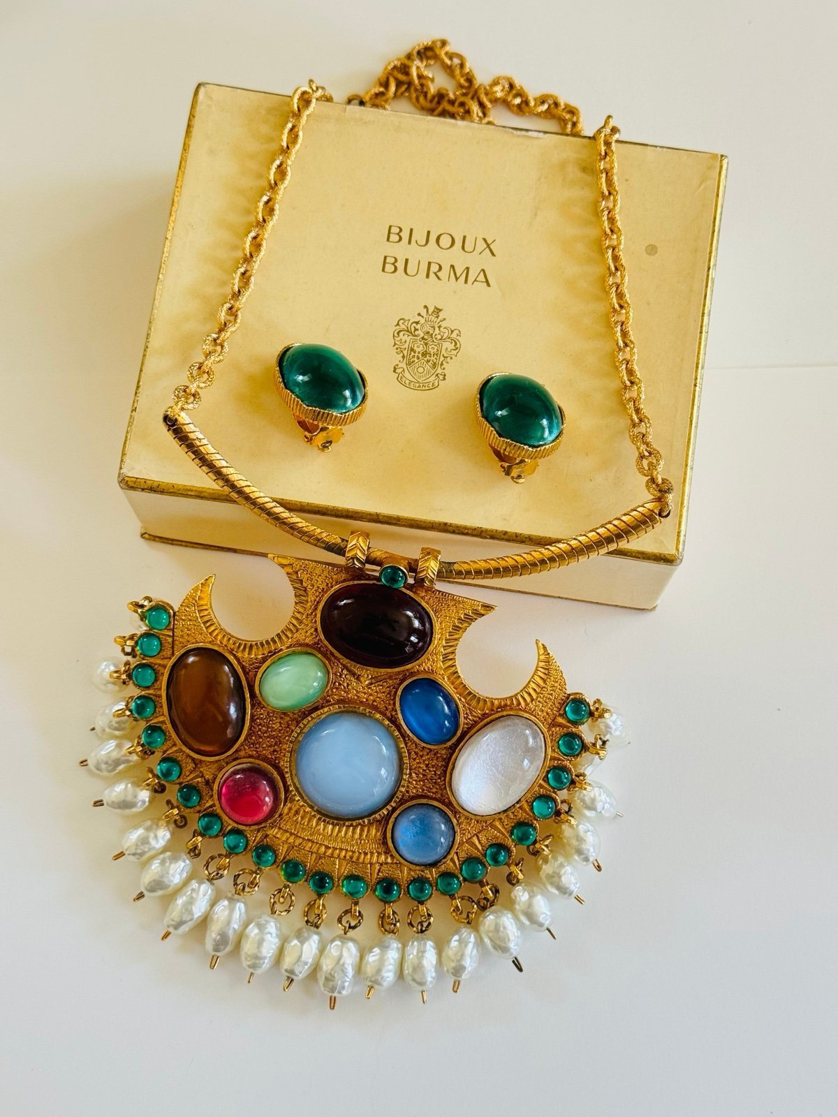 VTG Bijoux Burma Necklace Earrings Matching Set Baroque Pearl Imperial Gold Rare