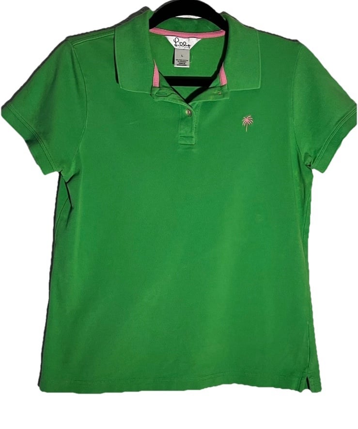 Lilly Pulitzer Womens Polo Top Green Short Sleeve Cotton Academia Shirt Size L