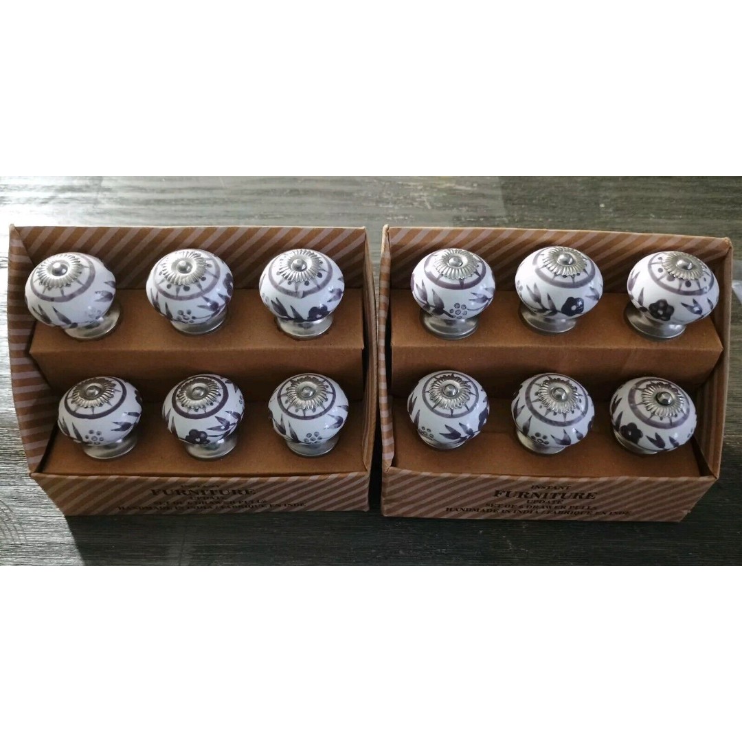 Porcelain White Purple/Plum Silver Tone Drawer Pulls 2 Sets Of 6 New