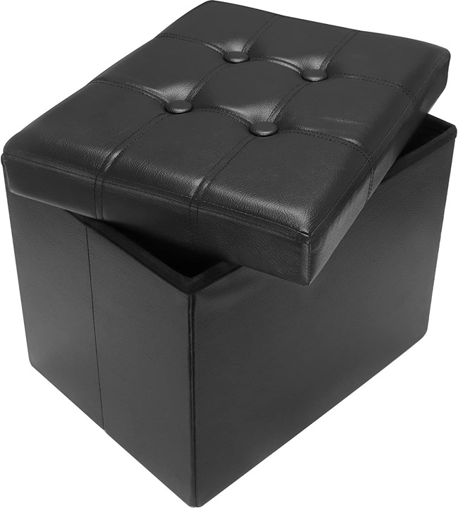 Folding Leather Stool Storage Ottoman Foot Rest 17 inch Black