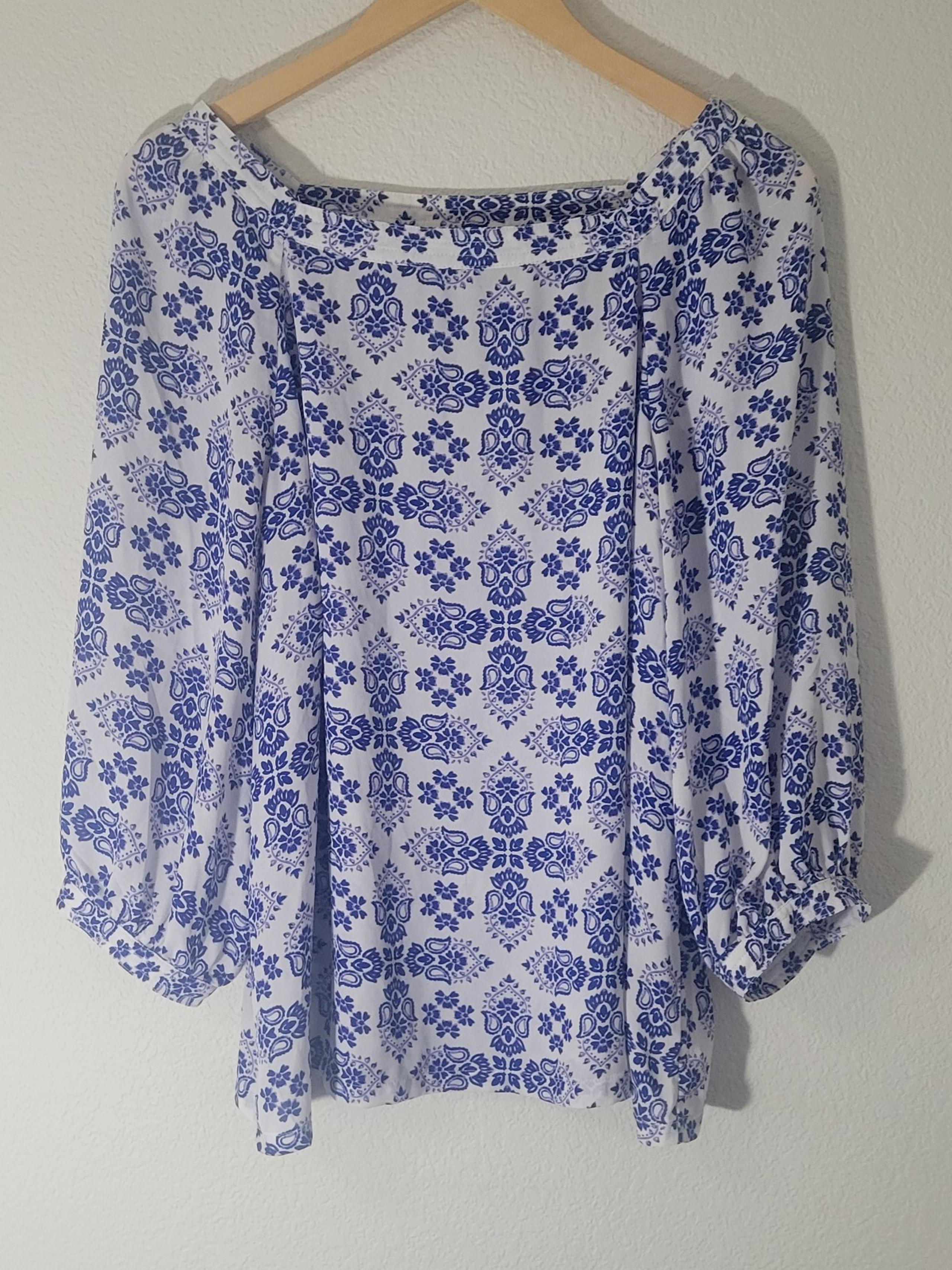 Premise Blouse Women’s Large L Blue White Floral ¾ Sleeves Squareneck Woven Top