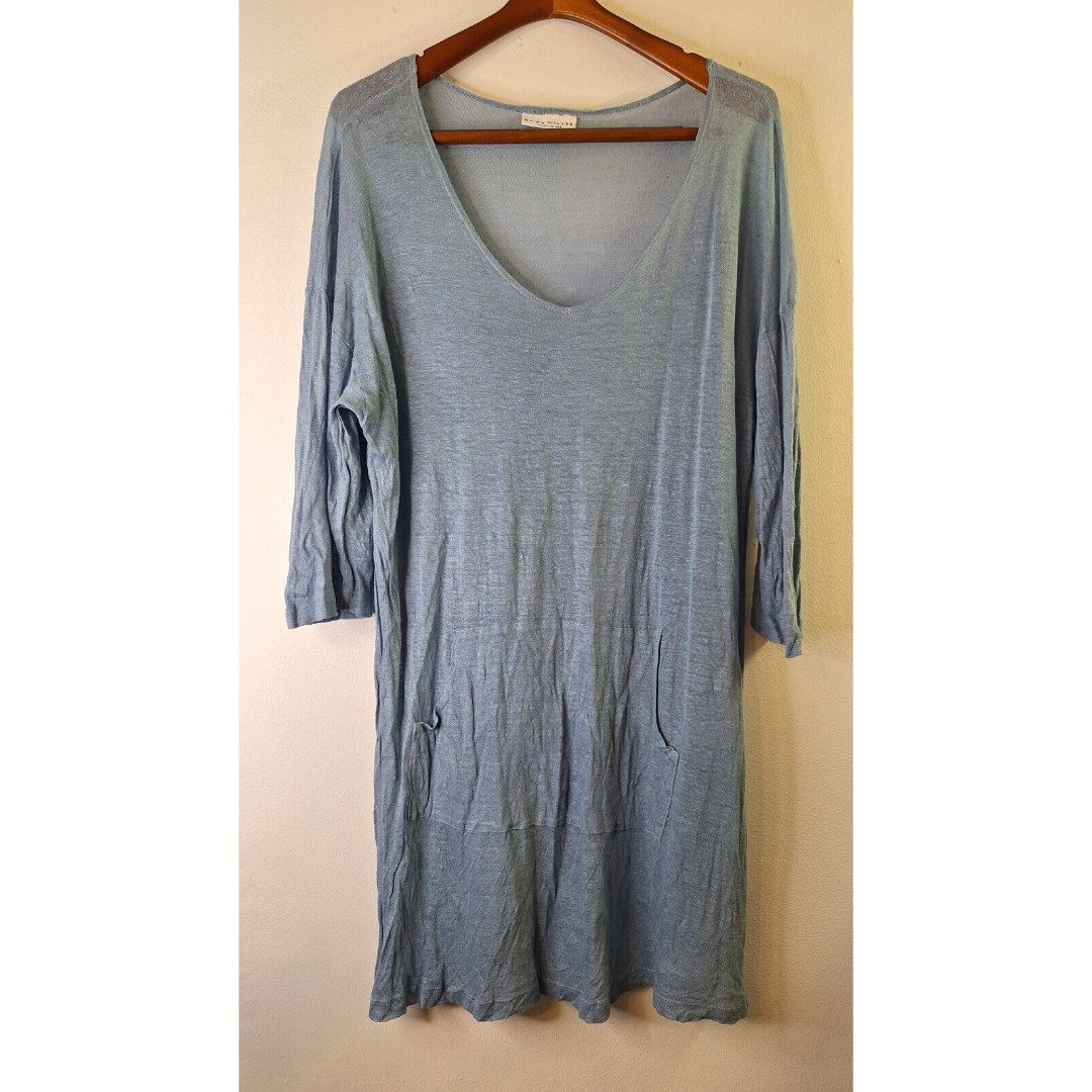 BRYN WALKER Women's Linen Tunic Dress Top Sz L Sheer Kangaroo Pockets Lagenlook