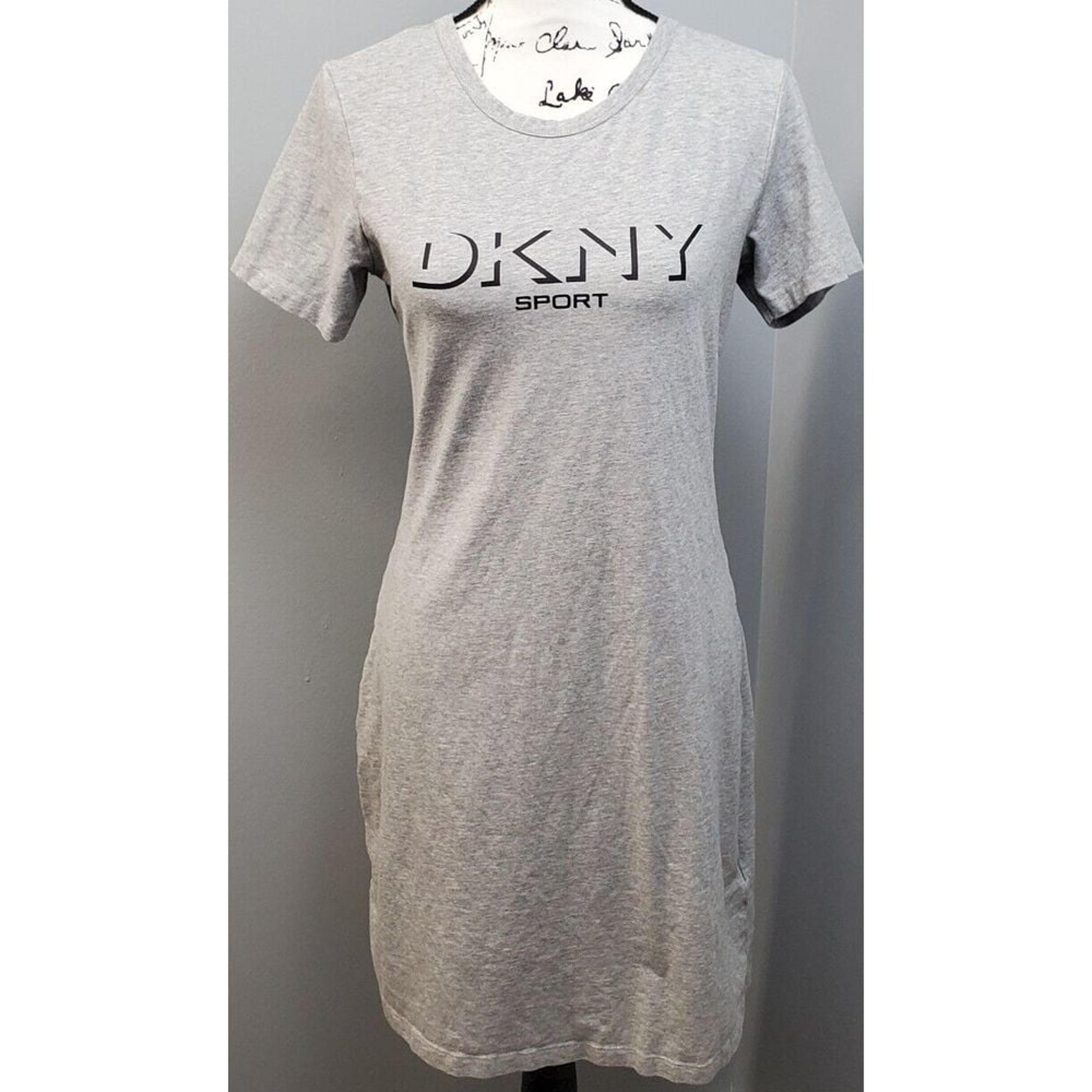 DKNY Sports T Shirt Dress Womens Small Gray Short Sleeve Crew Neck Swoosh Logo
