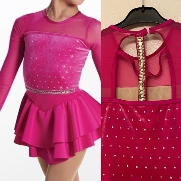 Weissman Dance costume hot pink mesh sleeve dress Believe Me 17755 SA