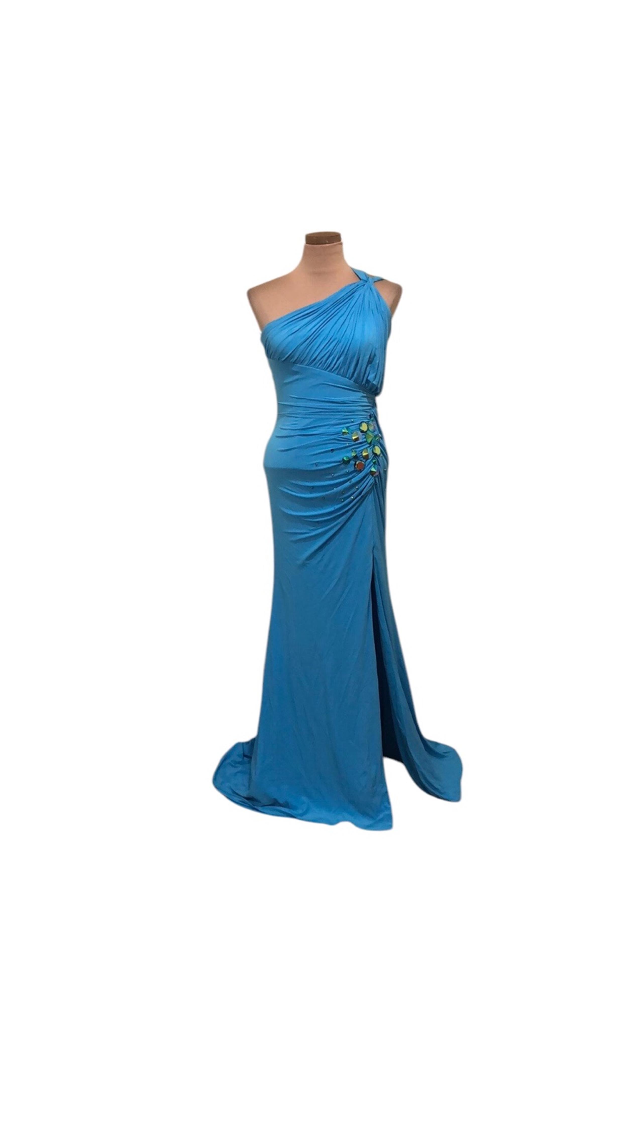 Sherri Hill Formal Maxi Dress Size 2 Turquoise Blue Rhinestone One Shoulder Gown