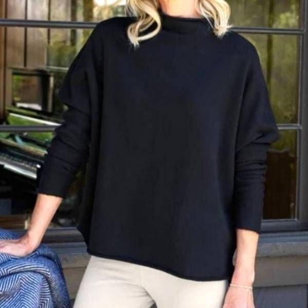 Frank&Eileen Effie Long-Sleeve Funnel Neck Capelet triple fleece in Black sz L
