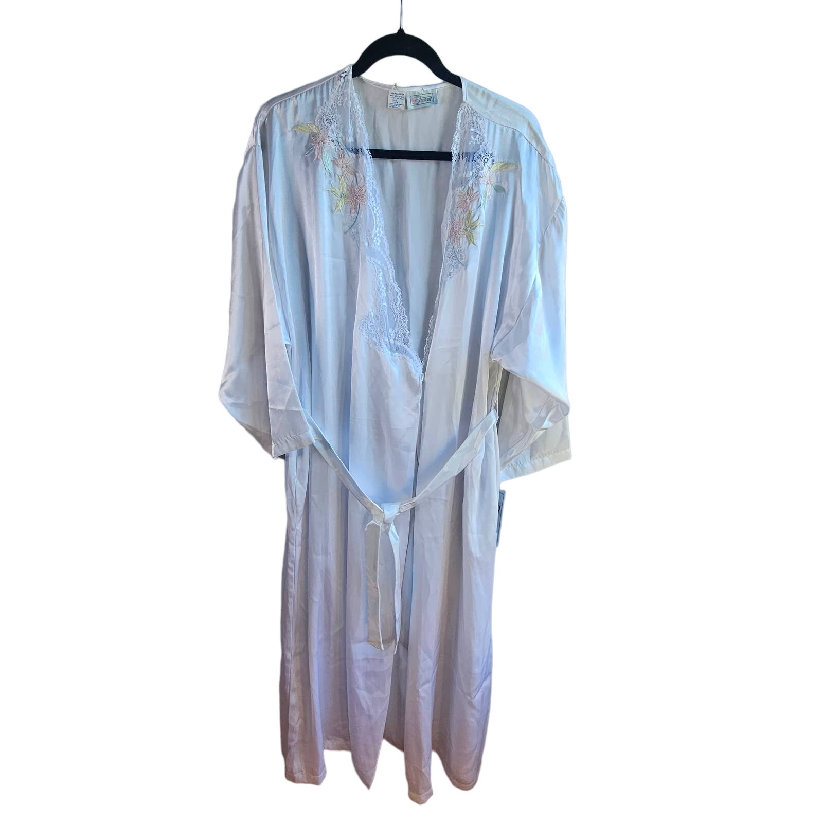 New Vintage Etienne Embroidered Lace Trim Peignoir White Satin Robe Size Large