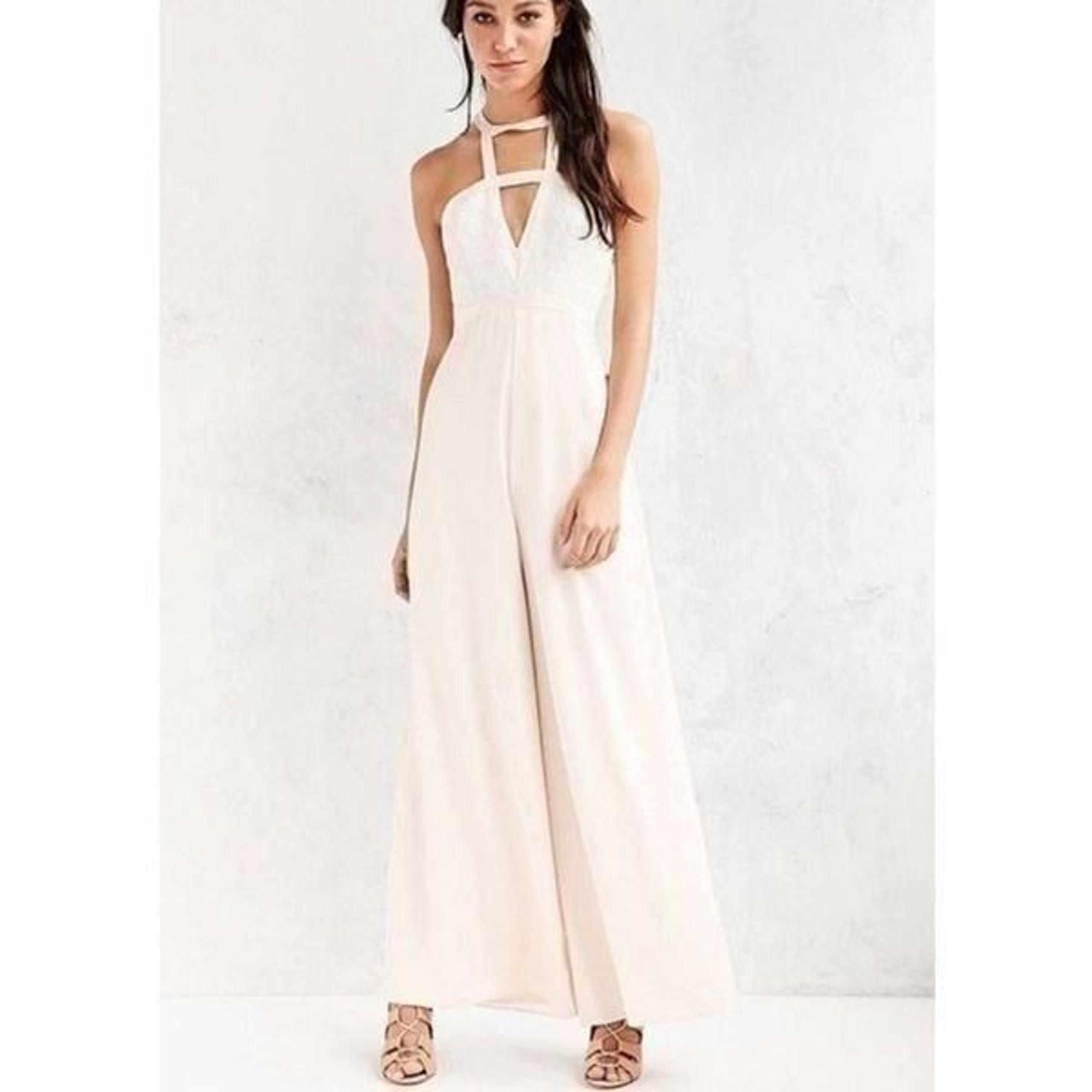 EUC Silence + Noise Cream Origami Halter Silk Trim Long Flowy Pants Romper - Siz