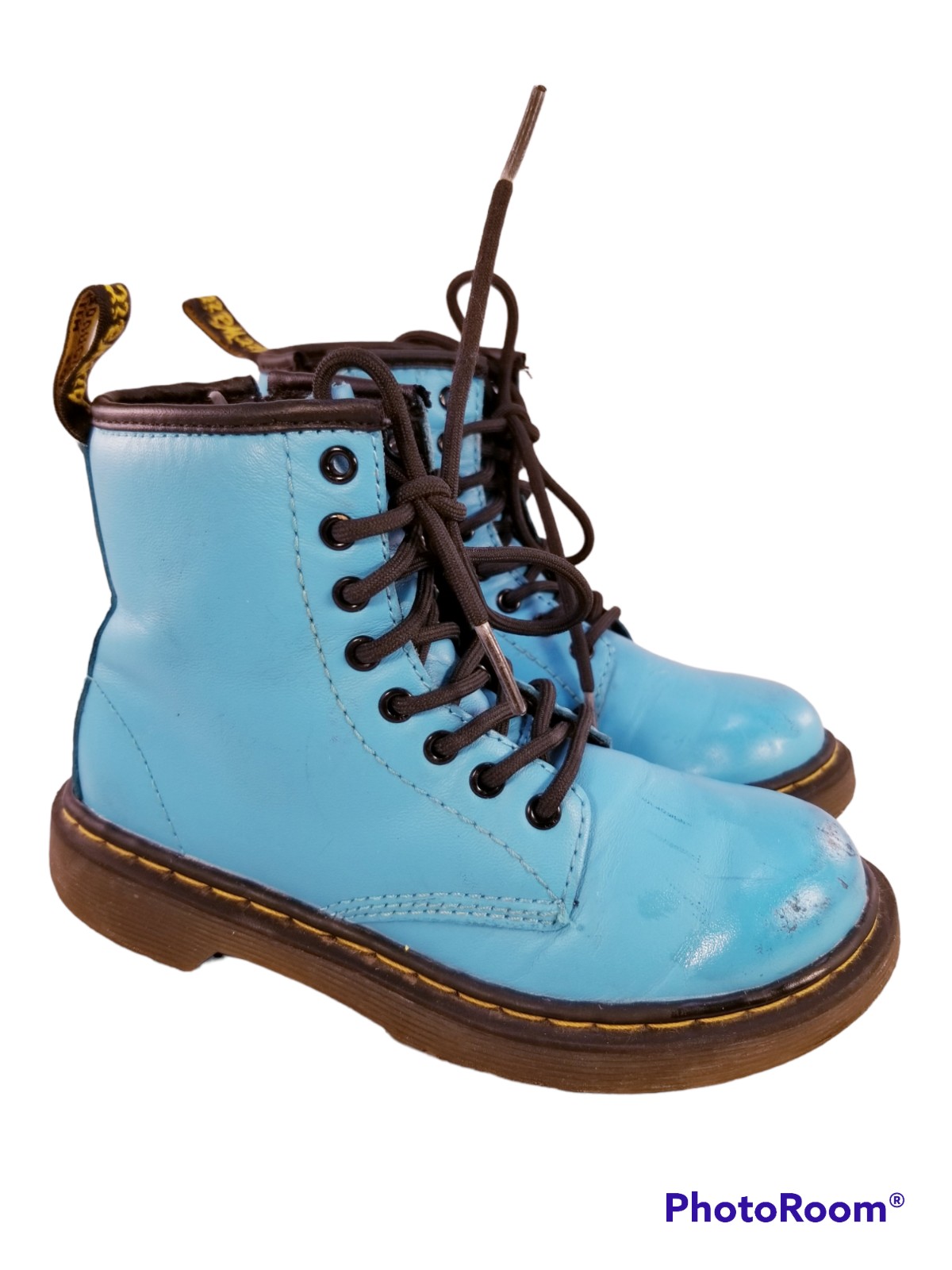 DR. MARTENS GIRLS DELANEY BLUE AQUA LEATHER BOOTS SIZE UK 12/US 13