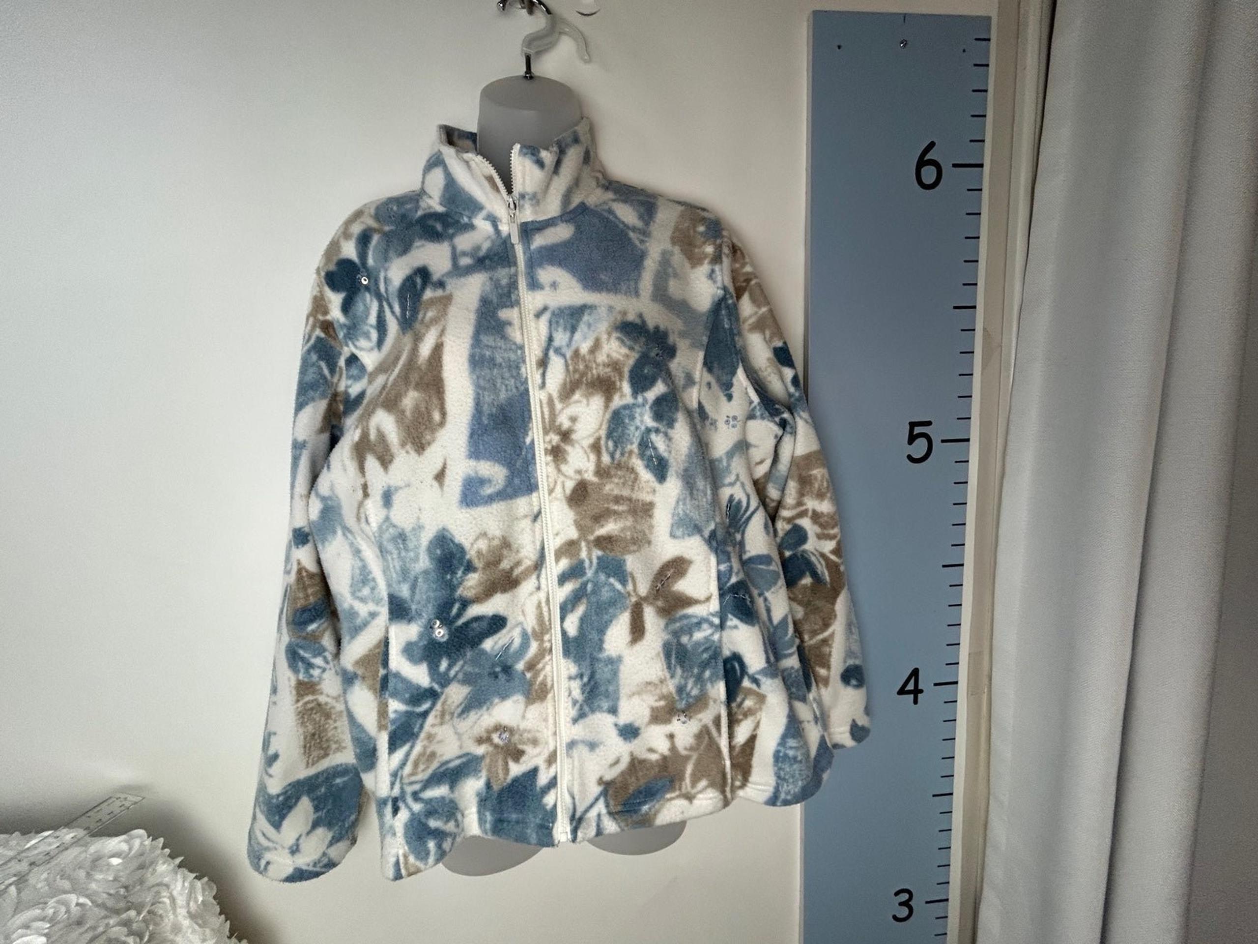 Alfred Dunner Light Blue Floral & Sequins Fleece Full Zip Jacket Medium