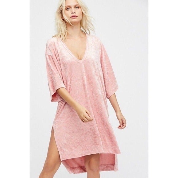 Free People Size XS Pink Crushed Velvet Hi-Lo Tee Pullover Tunic/Dress NWT 78