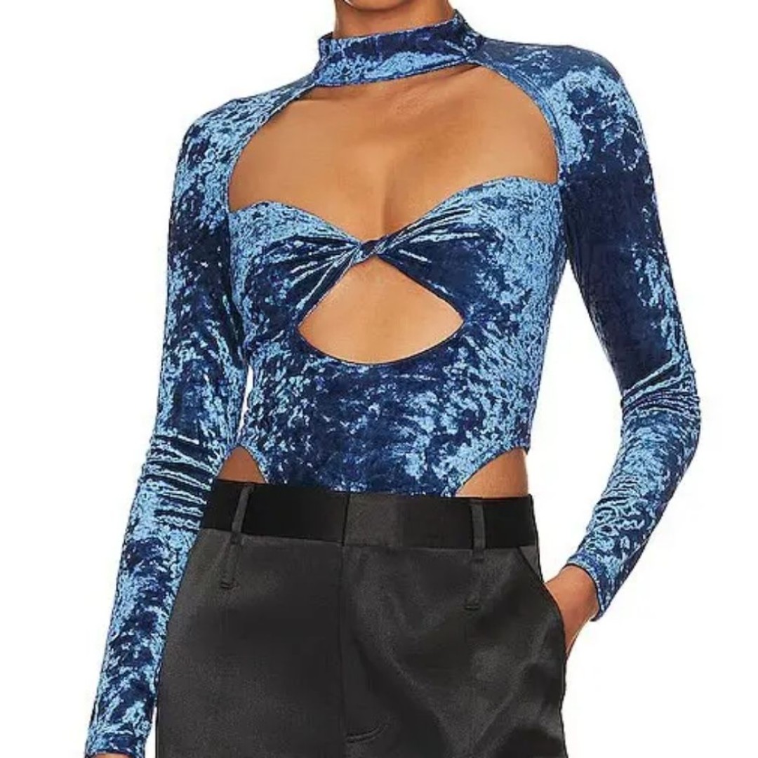 H:ours Revolve Daria Bodysuit Blue Crushed Velvet Twist Detail Size Medium