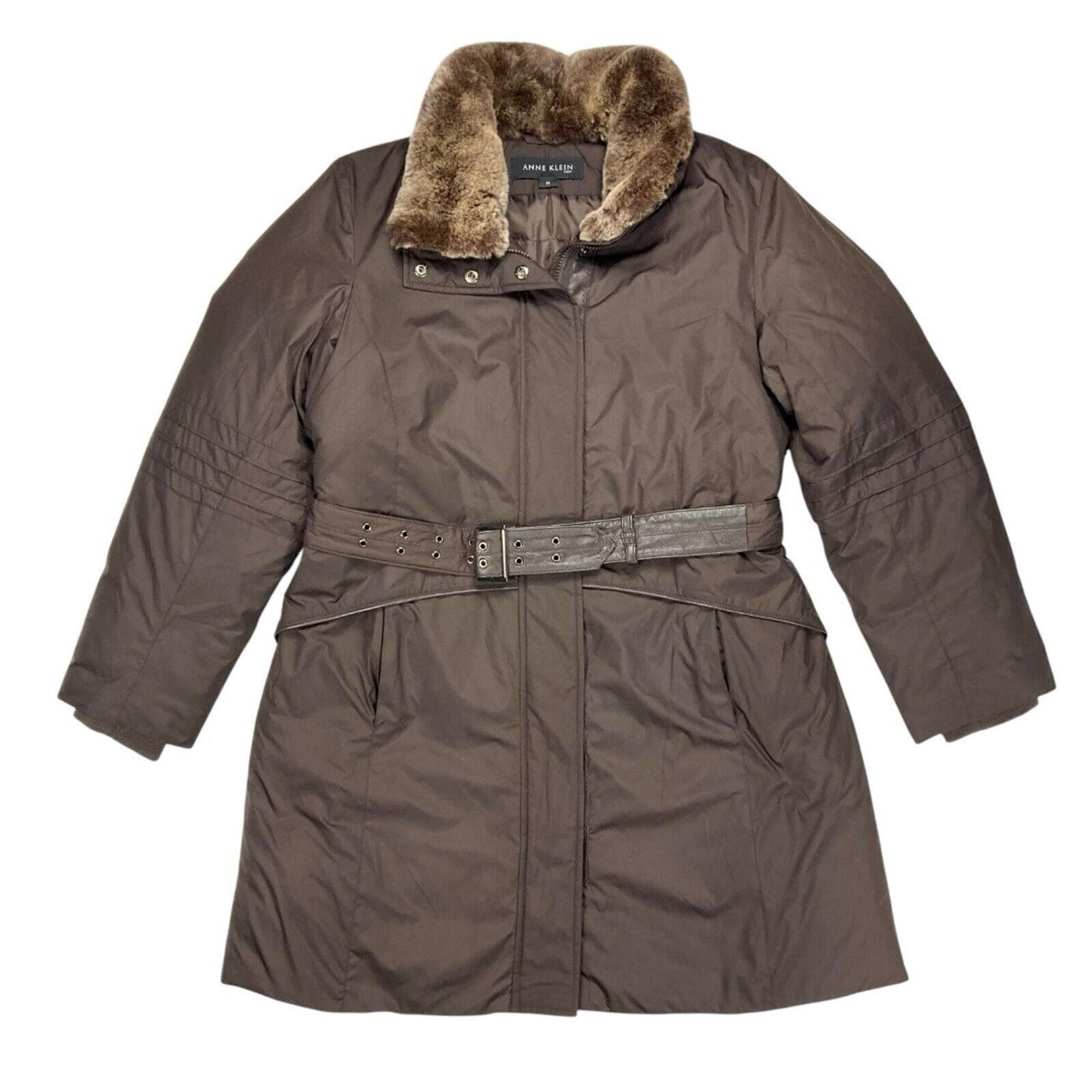 Anne Klein Rabbit Fur Trimmed Coat Sz M Brown Down Filled Belted Classic Jacket
