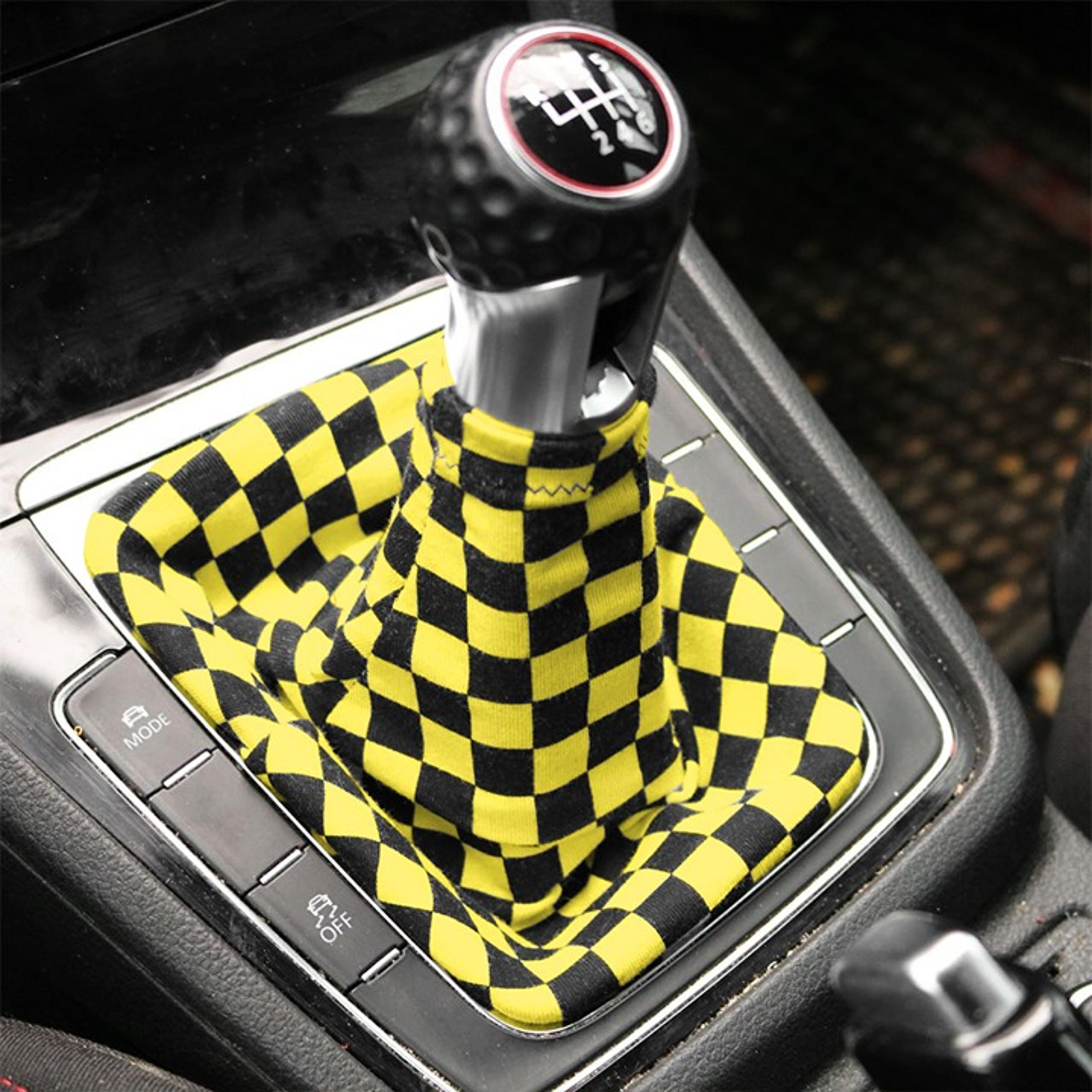 Brand New Universal Checkered Yellow Black Fabric Gear Manuel Shift Boot Cover