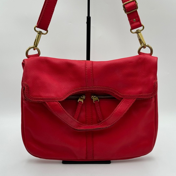 Fossil Erin Red Leather Foldover Tote Crossbody Bag Pockets Adjustable Strap Red