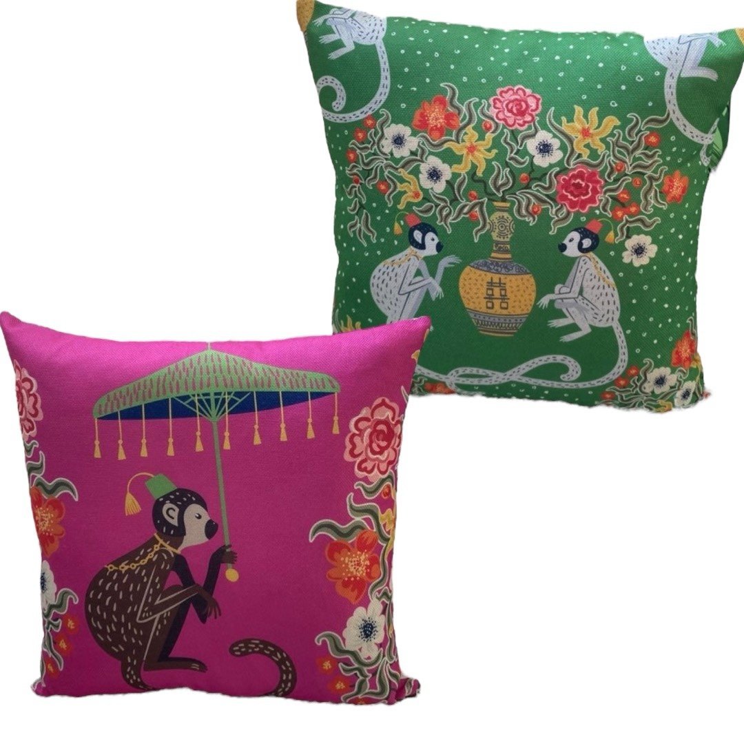 2 Pillow Cover Bundle - Pink Monkey (1) & Green Monkeys (1)