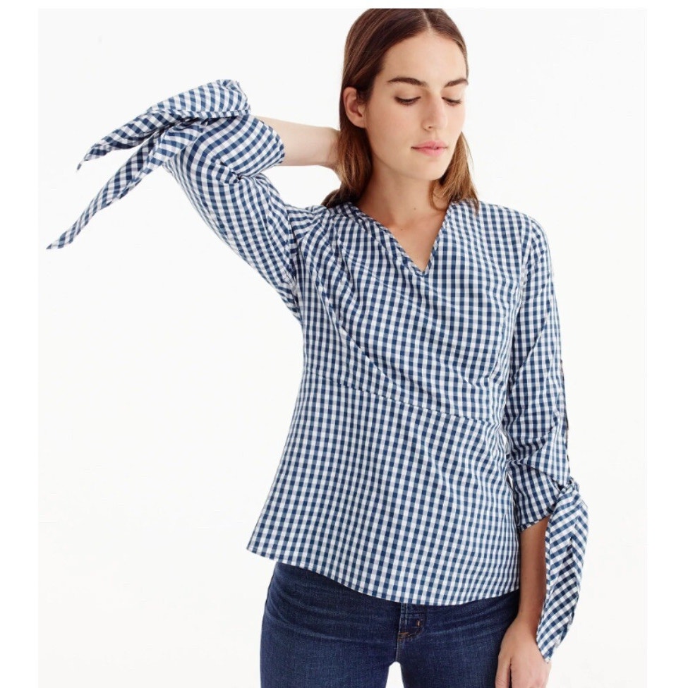 J.Crew x Universal Standard Women's Blue White Gingham Tie 3/4 Sleeve Top XL