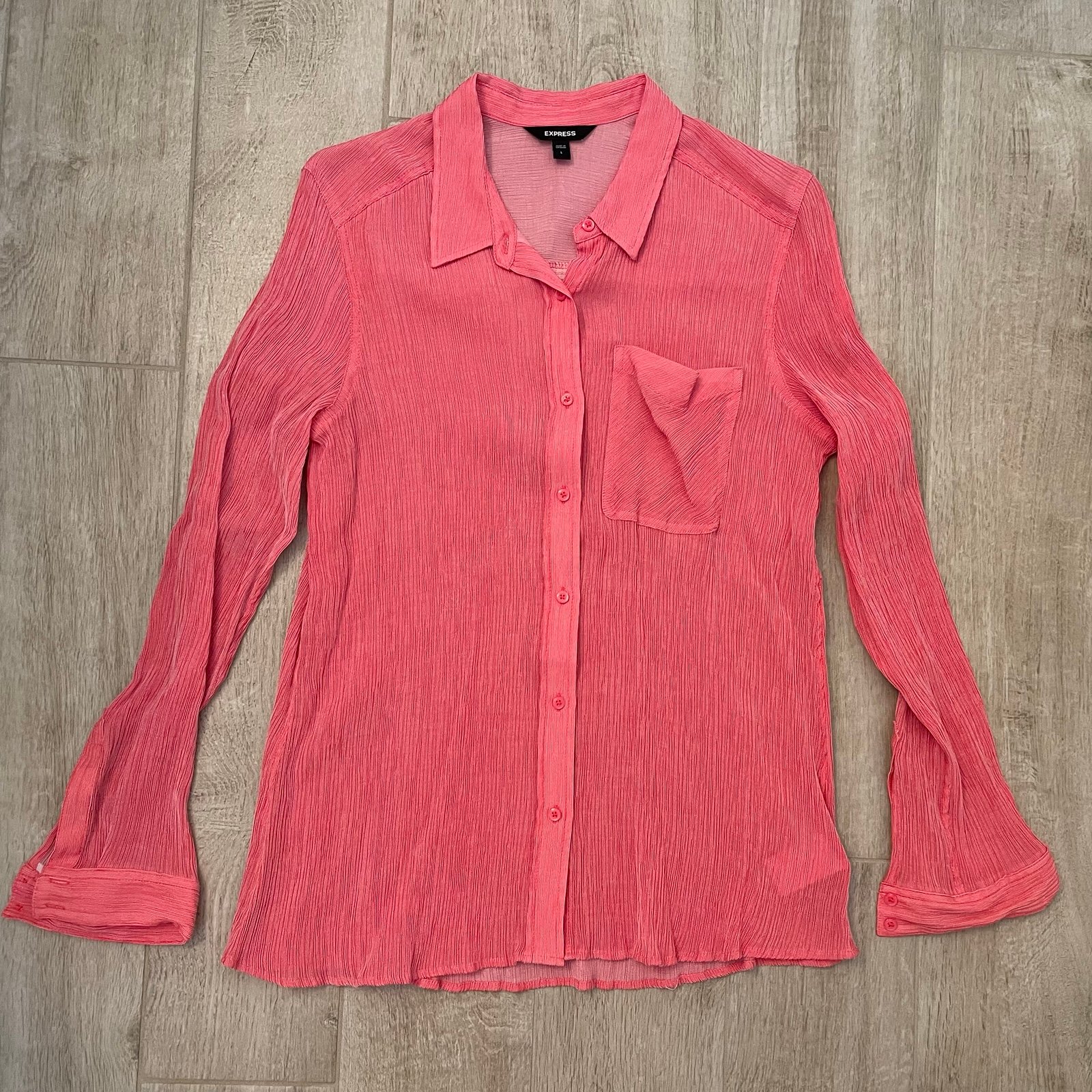 Express Crinkle Stripe One Pocket Boyfriend Shirt, Red, L