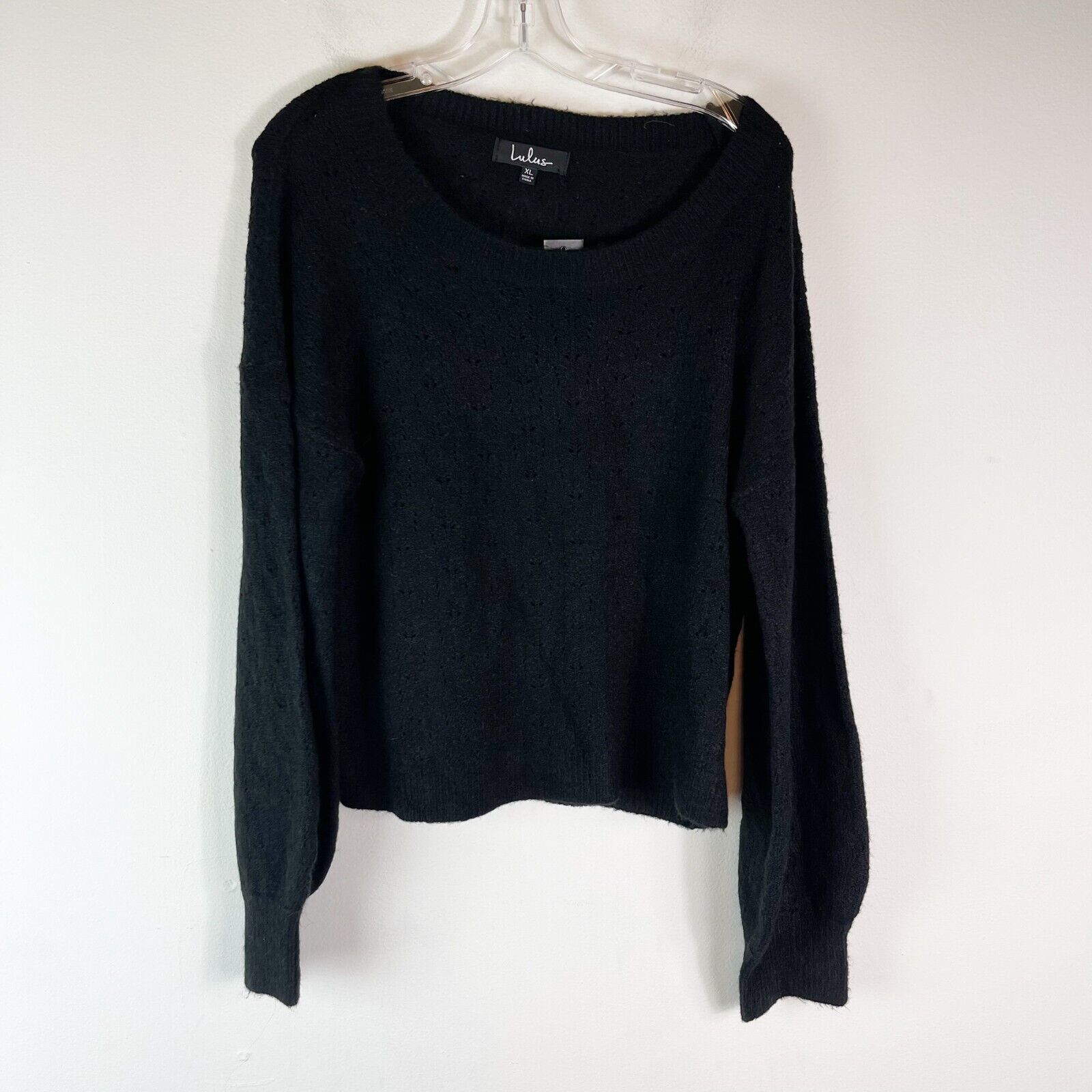 Lulus NWOT Women's Black Balloon Sleeves Holey Knit Pullover Sweater Size XL
