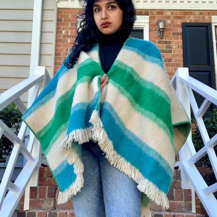 Vintage handmade green blue and cream striped blanket poncho with fringe