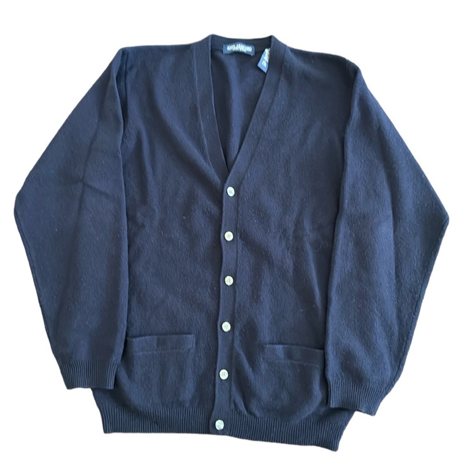 LANDS END MENS WOOL V NECK CARDIGAN BLUE LONG SLEEVE SWEATER LARGE POCKETS