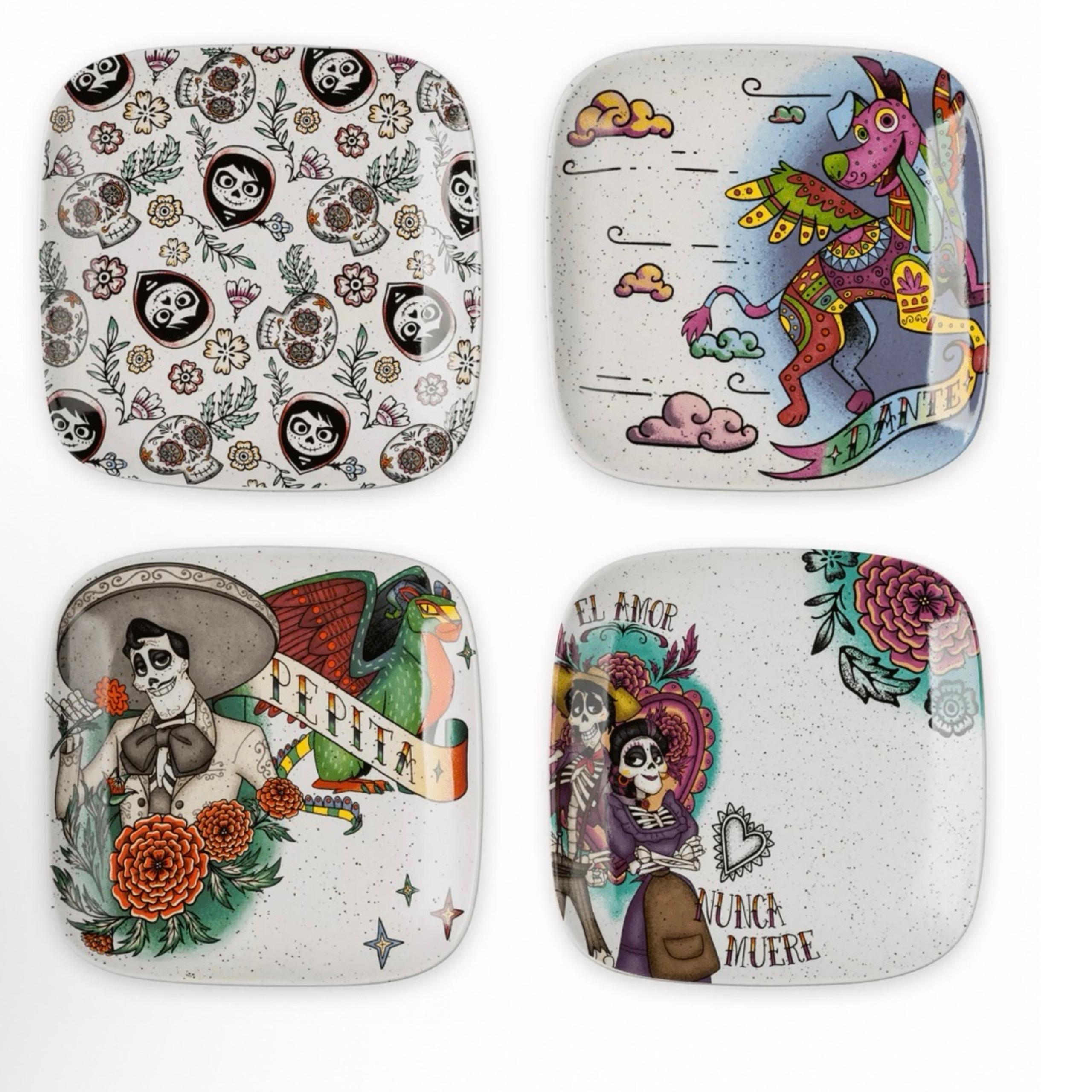 NWT. Disney 4 Coco plates. Each features artwork inspired by Coco. Miguel, flora