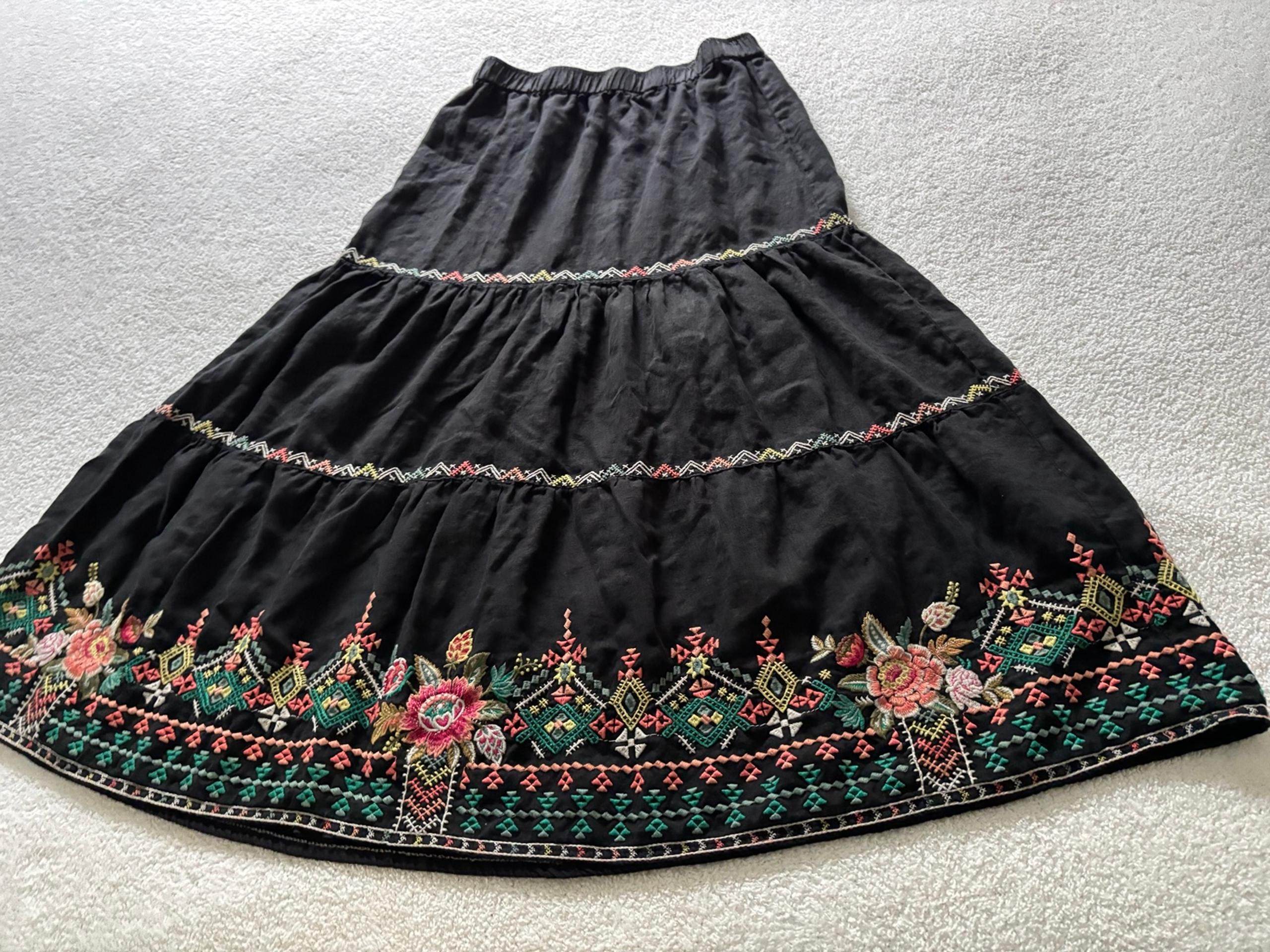 Johnny Was Embroidered Linen Chandra Tiered Maxi Skirt Size S