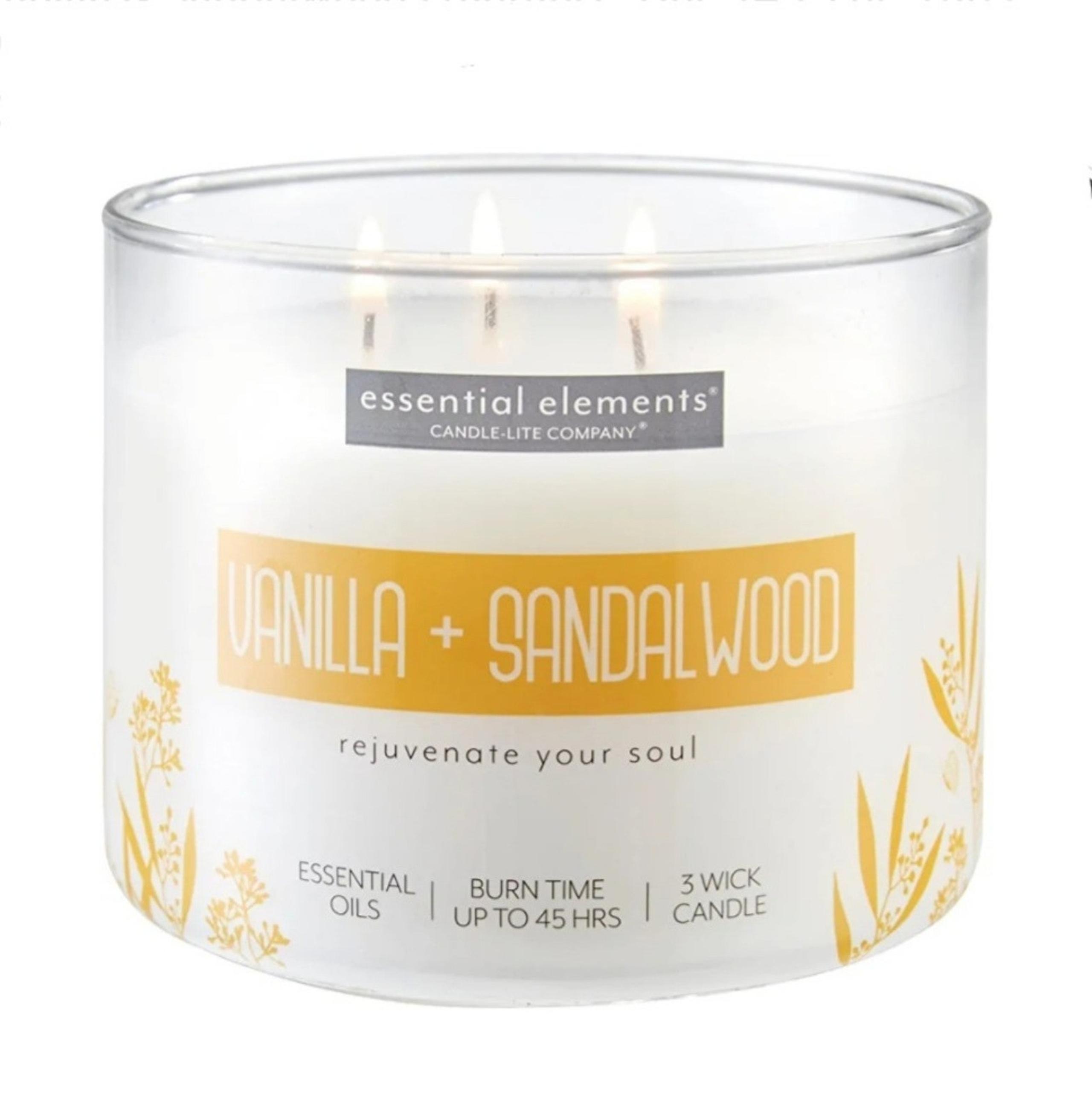 Essential Elements Vanilla & Sandalwood Premiun 3-Wick Candle Essential Oils NEW