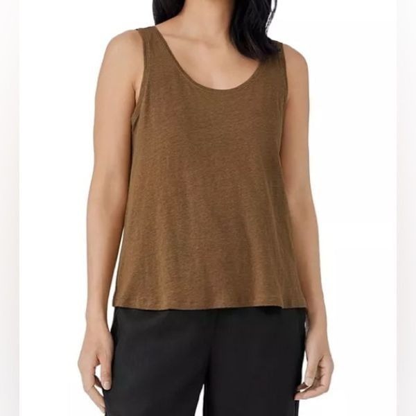 Eileen Fisher 100% Linen Knit Scoop Neck Tank Top XL Natural Jersey Minimalist