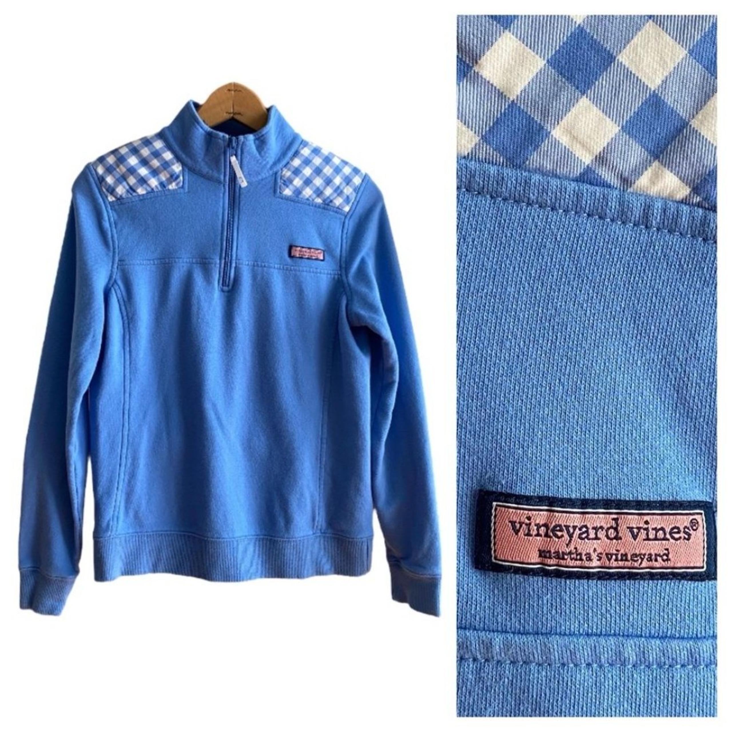 Vineyard Vines Blue White Gingham Plaid Shep Quarter Zip Pullover Sweater