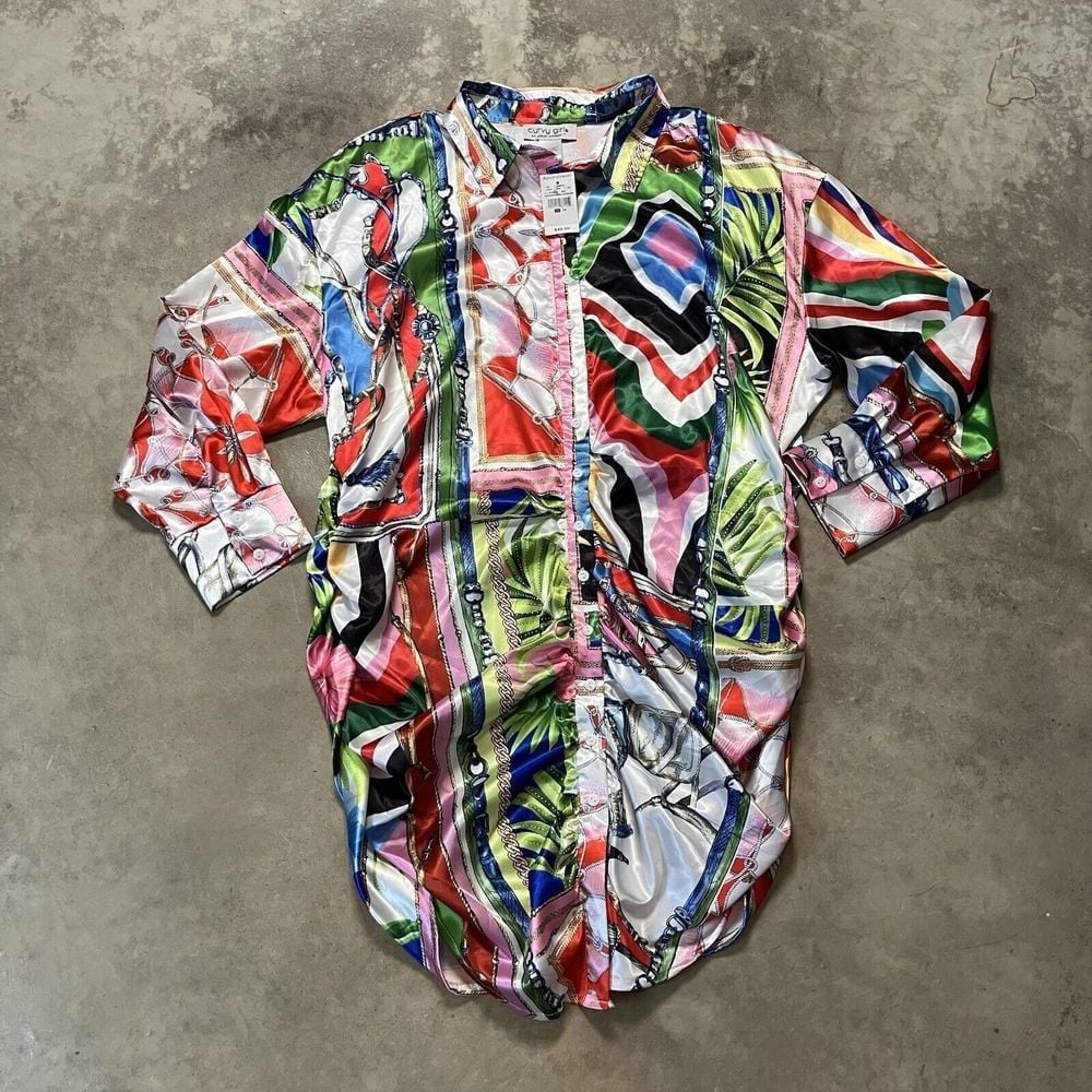 Curvy Girl by Ashley Stewart Dress Womens 3X Colorful Button Front Ruched