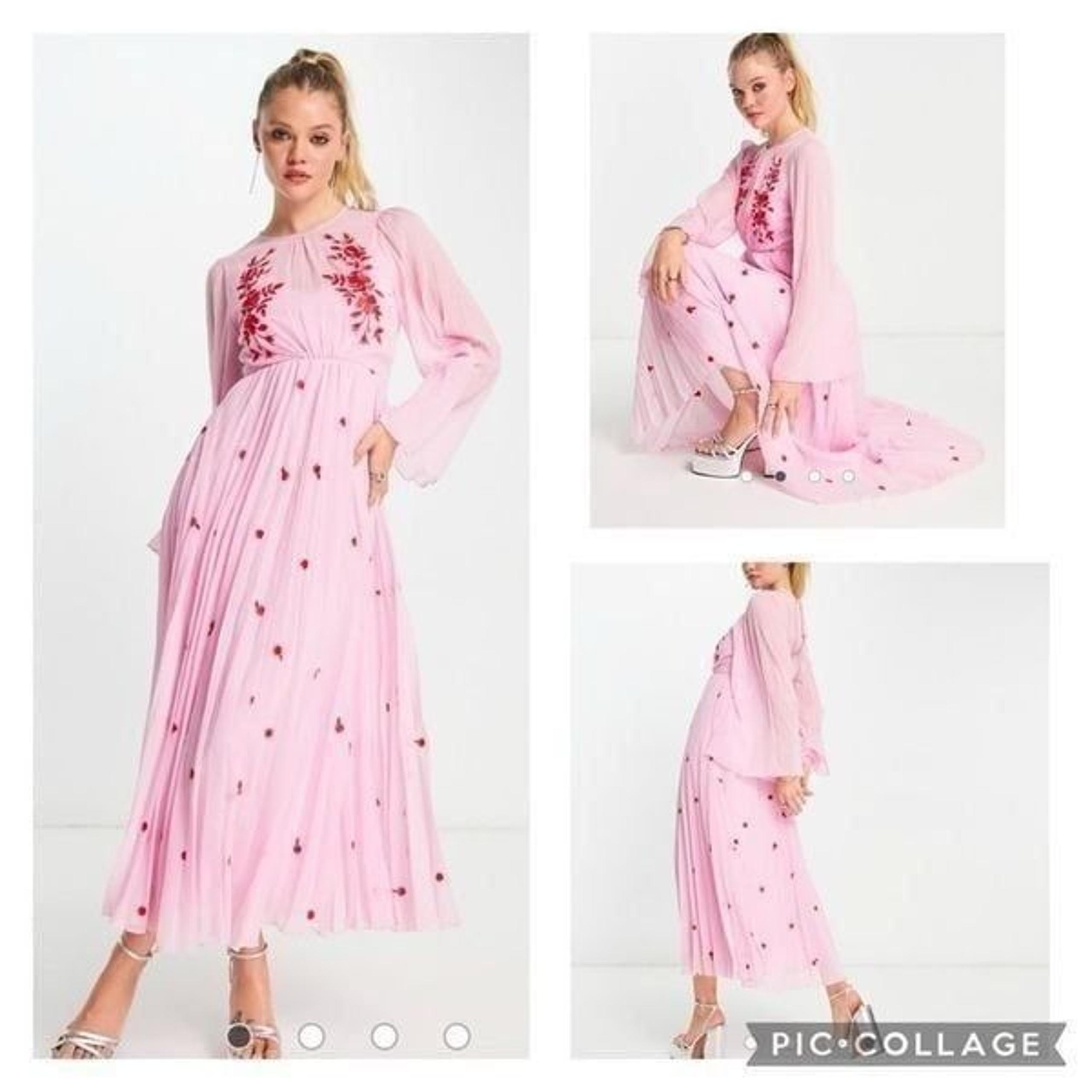 ASOS DESIGN tie back pleated sleeve midi dress in pink with red embroidery